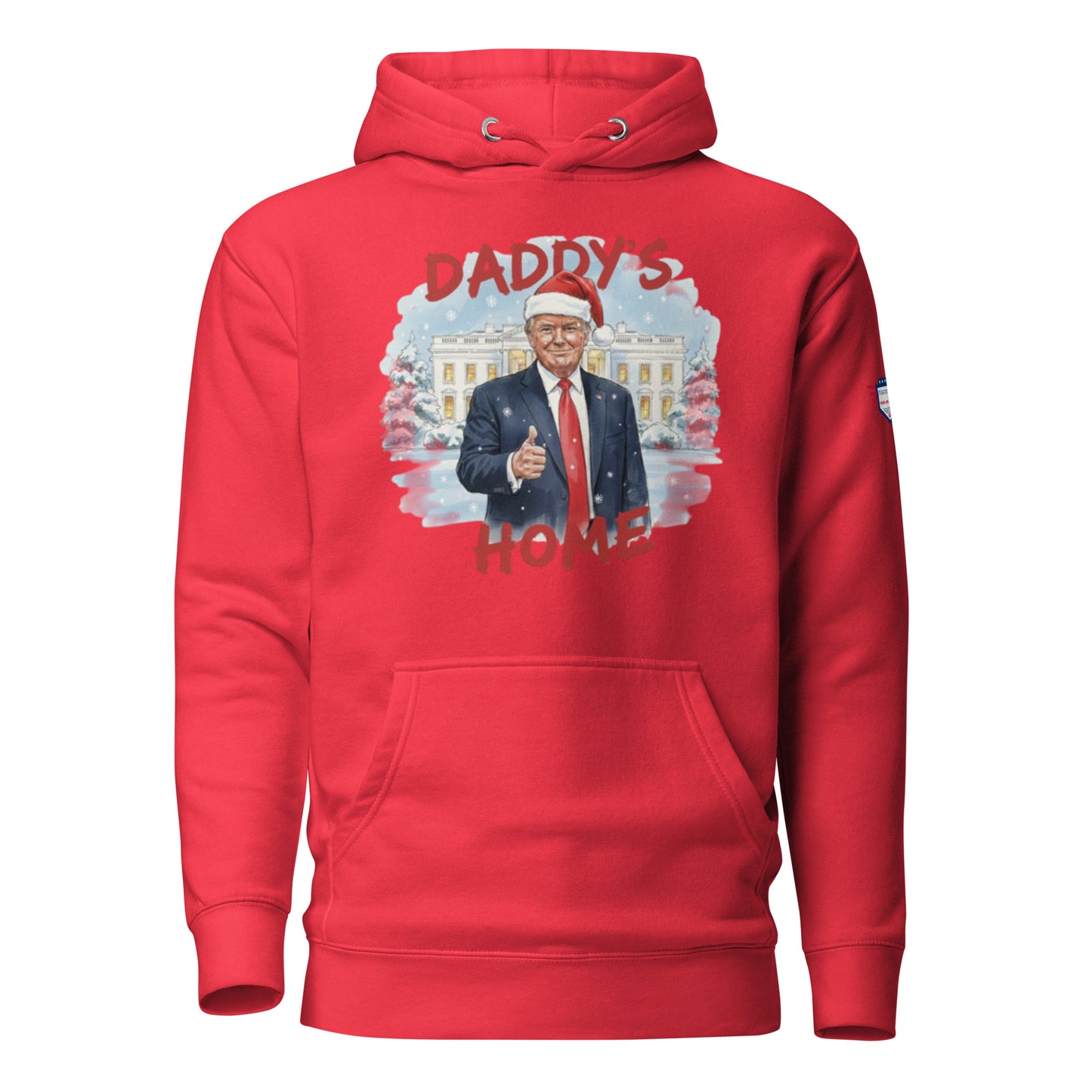Front view of red "Daddy’s Home" Trump Santa hoodie with thumbs-up pose before snowy White House