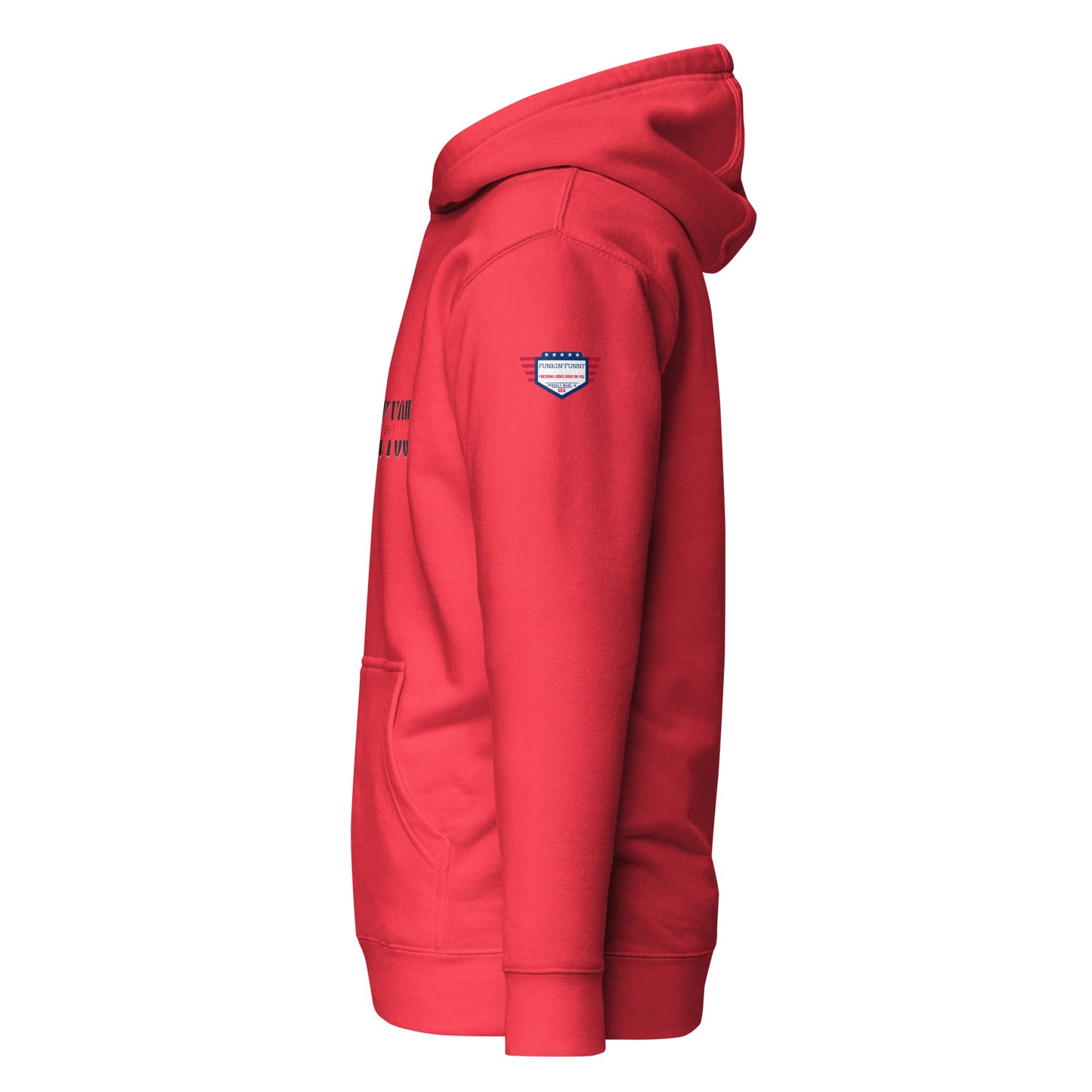 Side profile of fiery red hoodie, flag patch popping on the sleeve for that premium edge