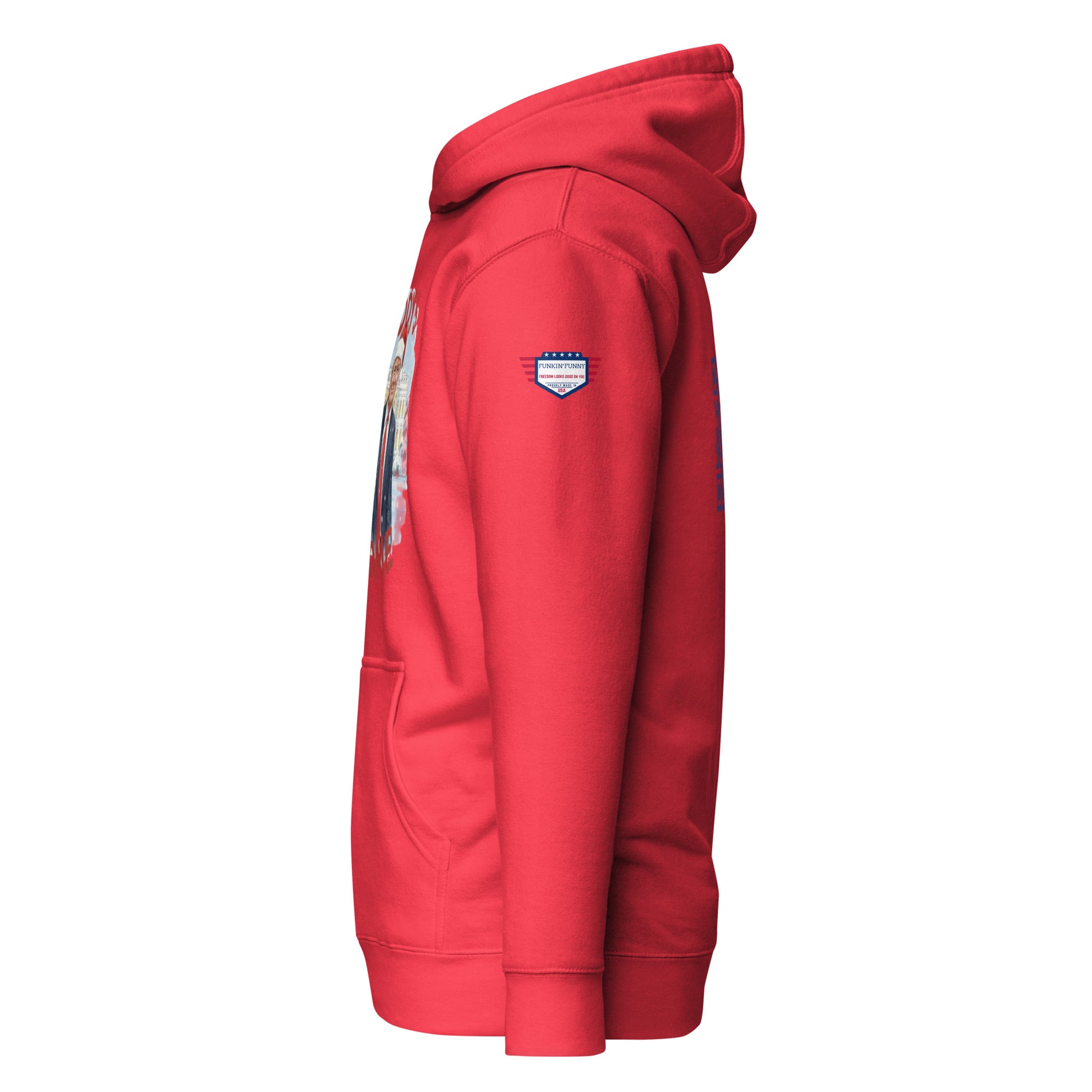 Side view of red Christmas hoodie showing partial Daddy’s Home Trump print, flag patch, front pocket