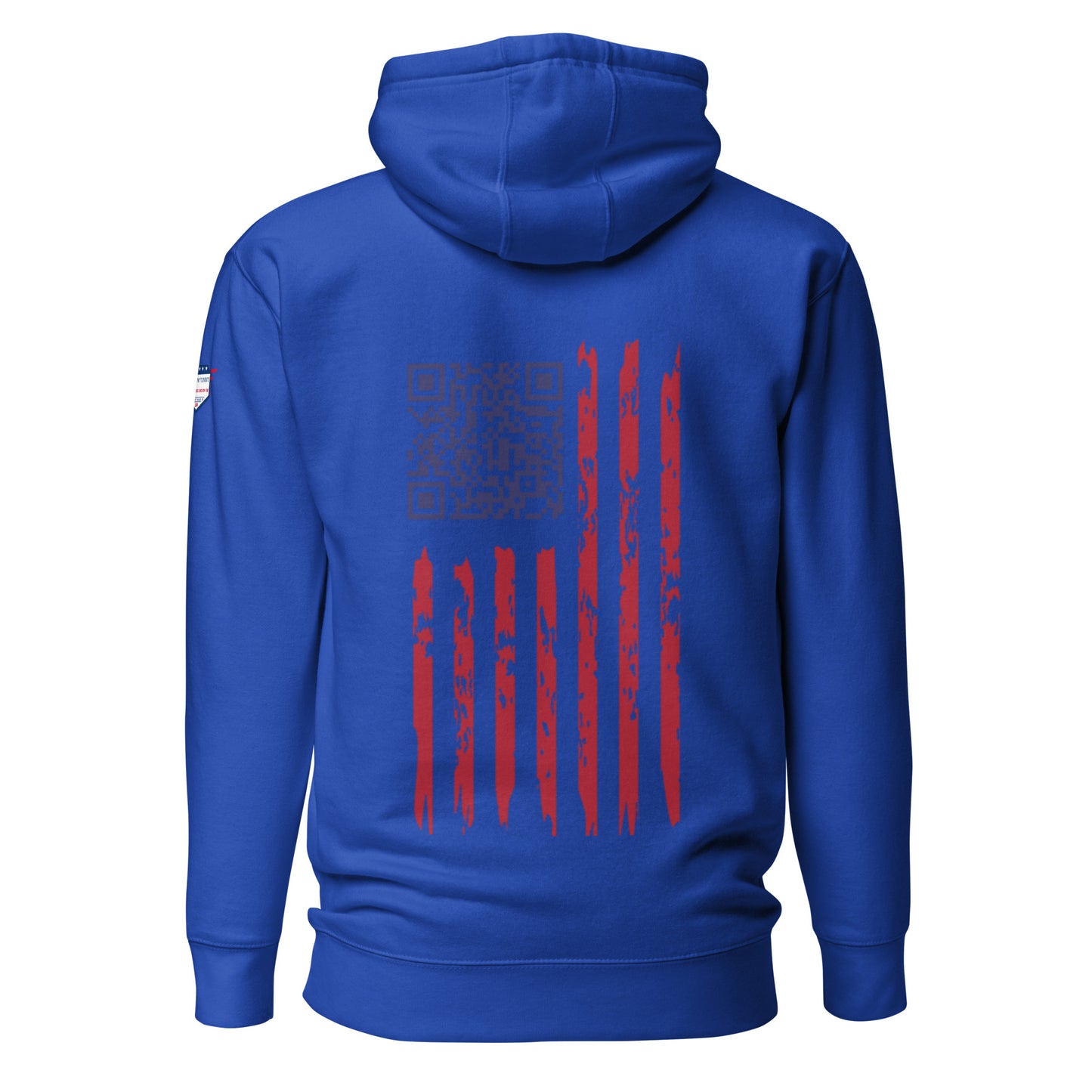 Back view of royal blue Trump hoodie with QR code amid distressed flag stripes in red, navy, white