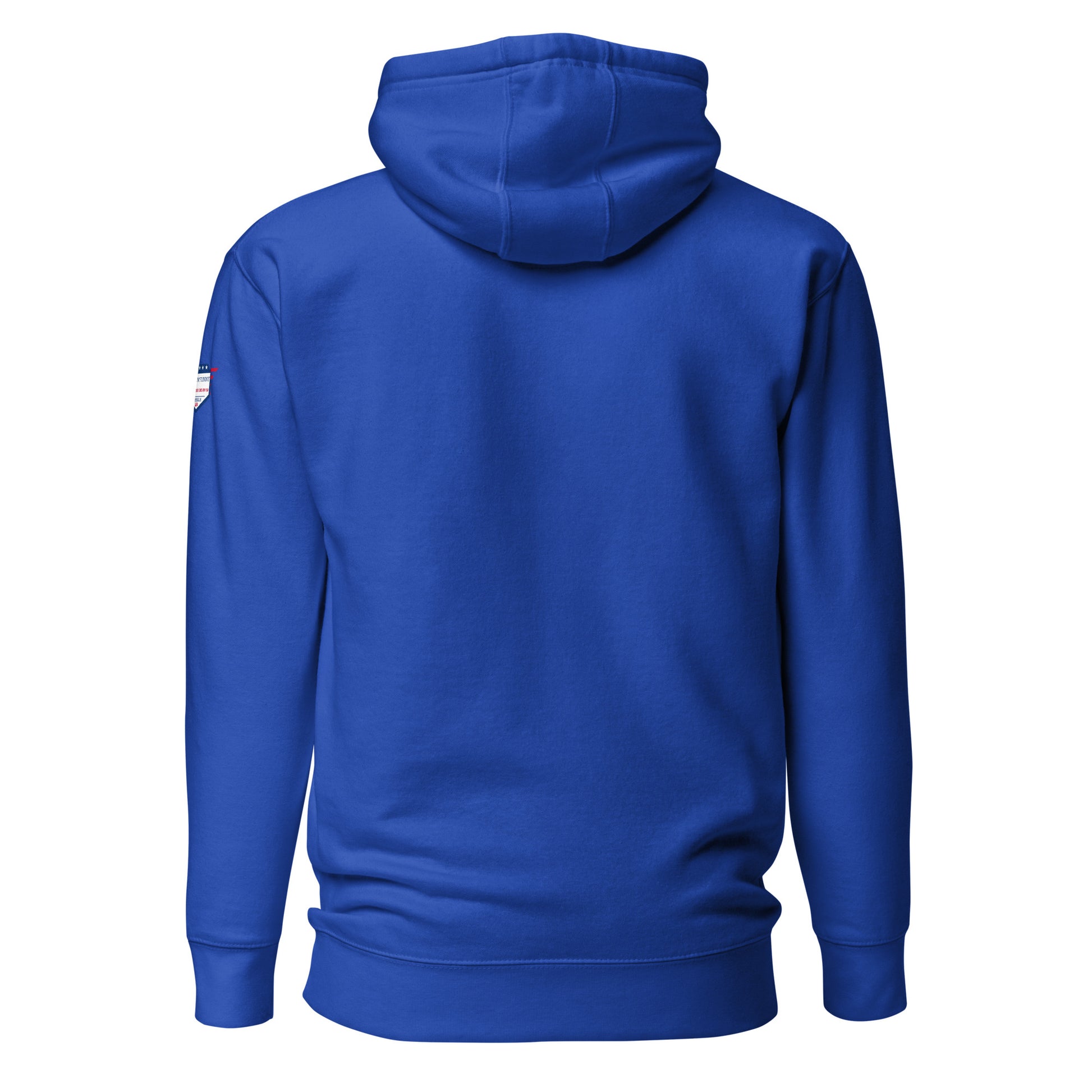 Back view of royal blue unisex hoodie with matching shoulder patch