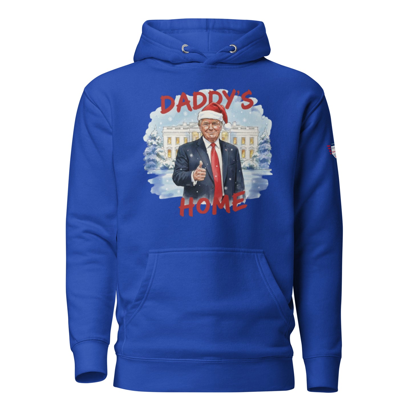Front view of sky blue Daddy’s Home Trump Christmas hoodie with Santa Trump thumbs up design