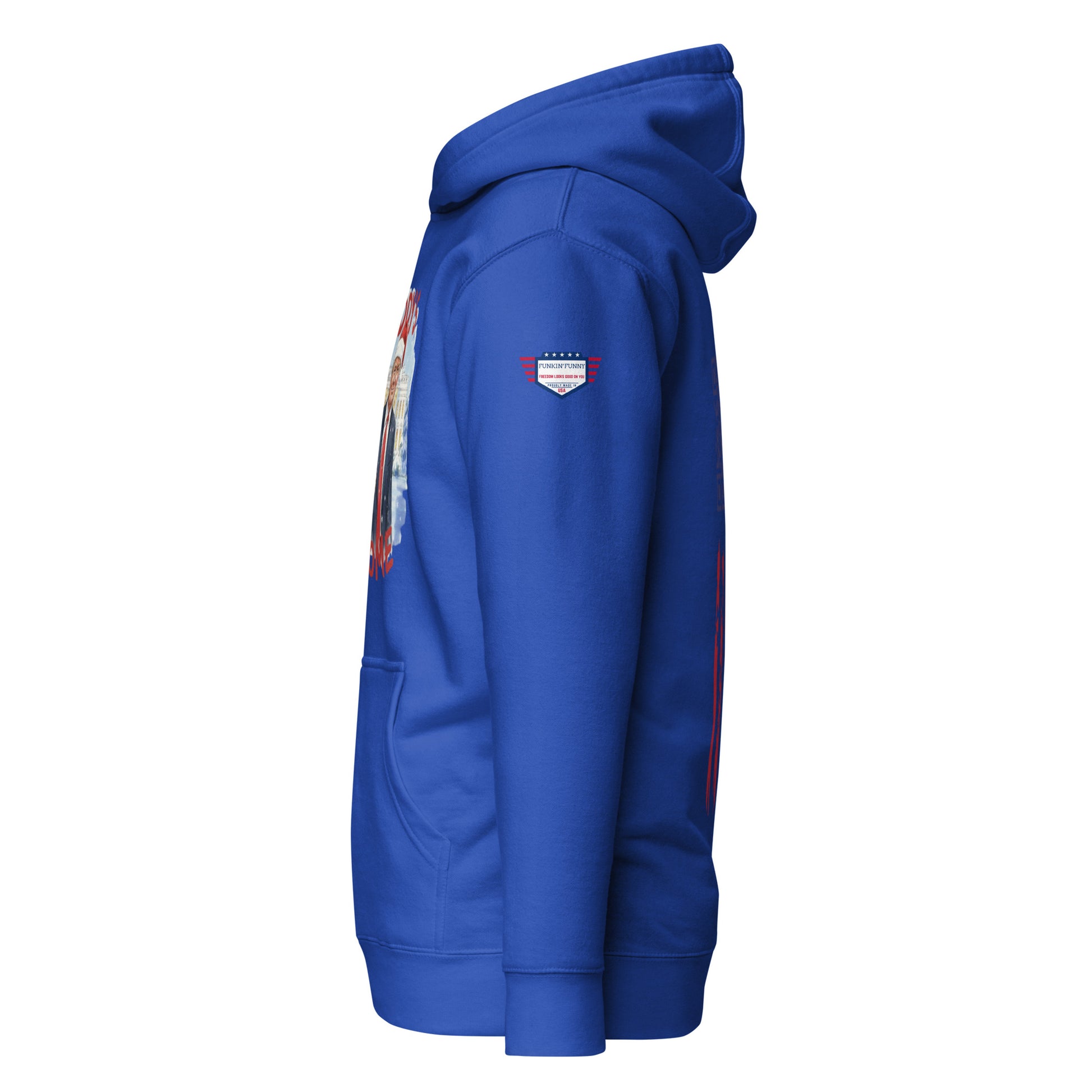 Right side view of royal blue Trump Christmas hoodie, partial Santa Trump oval graphic and USA patch