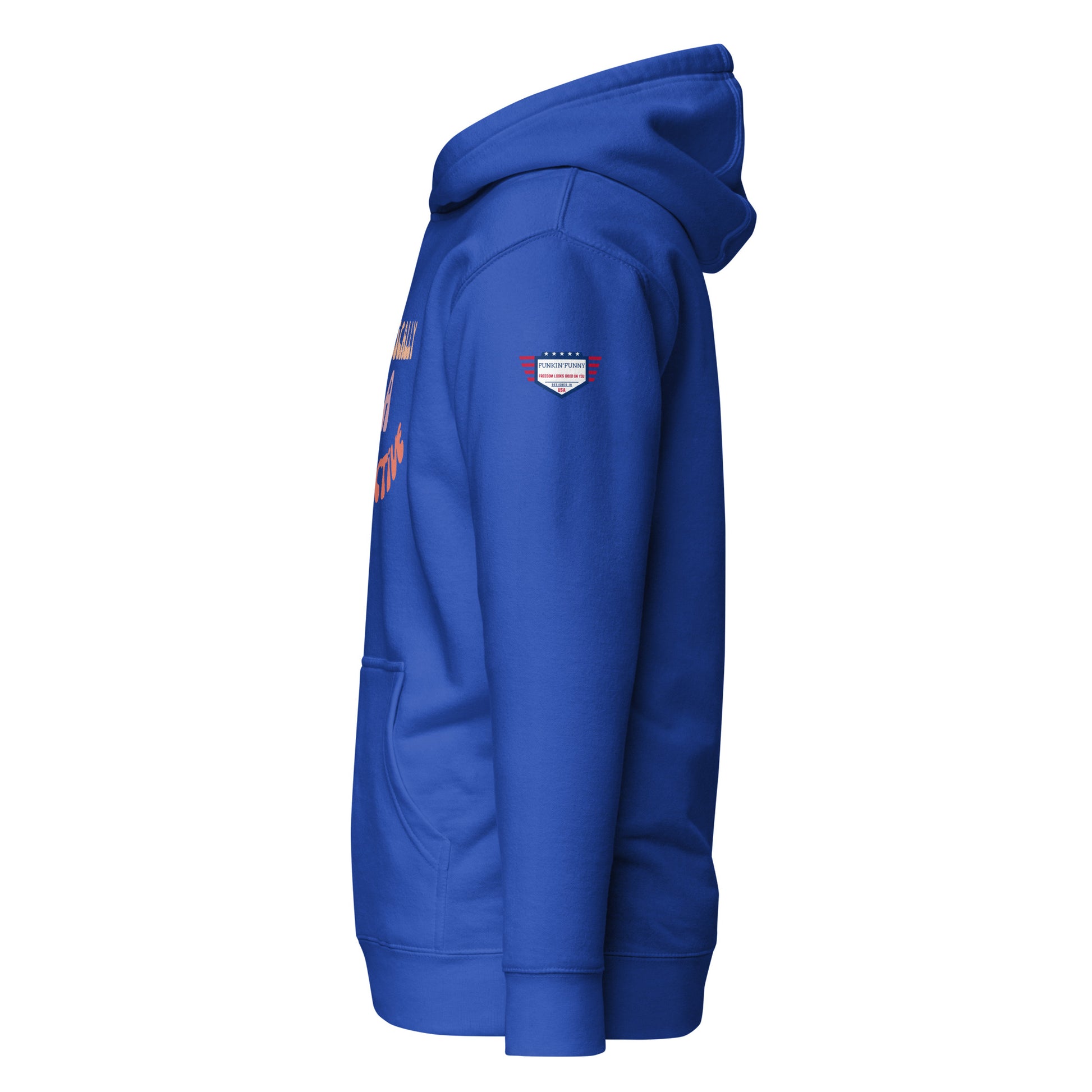 Right side view of royal blue unisex hoodie displaying flag patch and front pouch