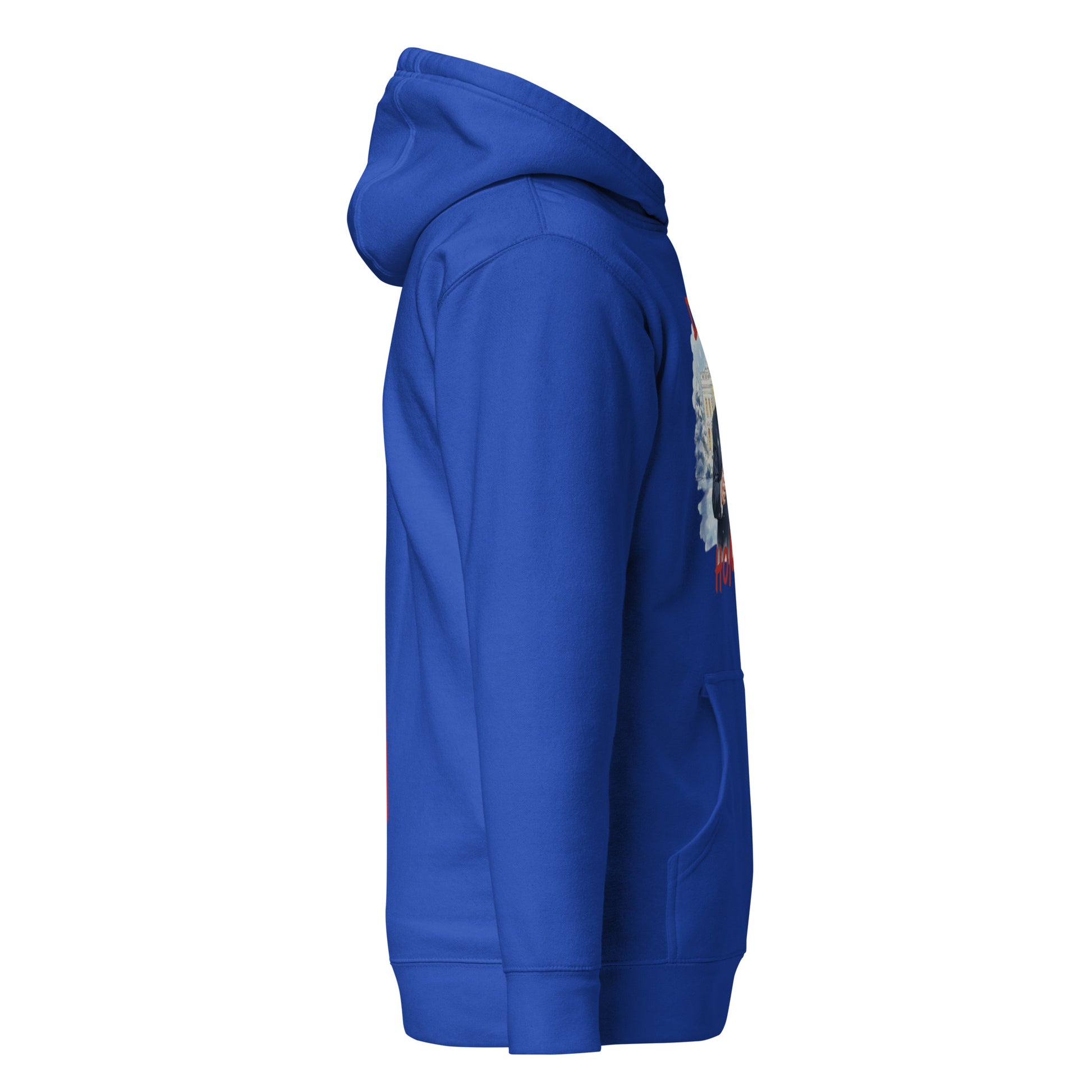 Right side view of sky blue Trump hoodie with partial front design, hood, and kangaroo pocket