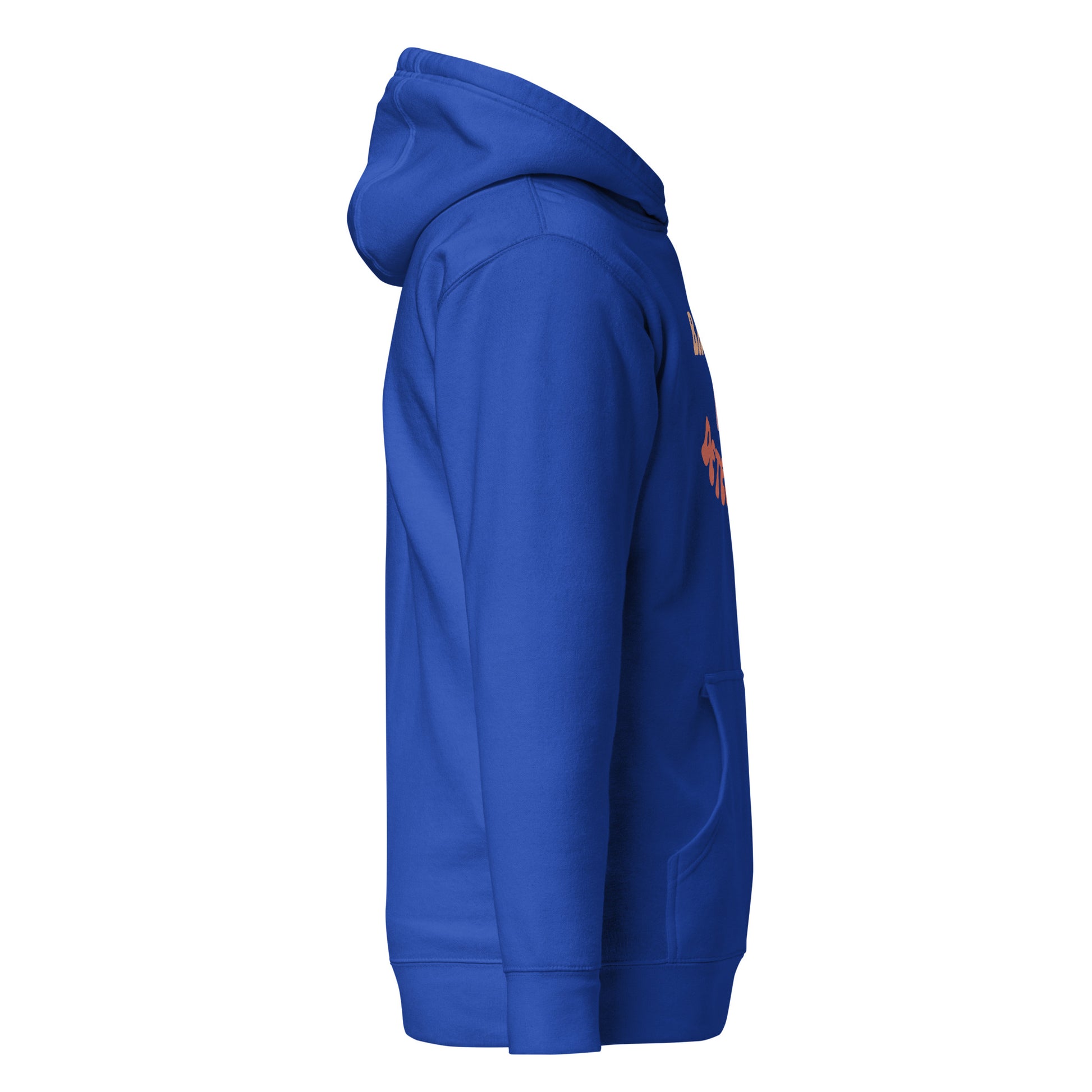 Left side view of royal blue unisex hoodie with kangaroo pocket and print hint