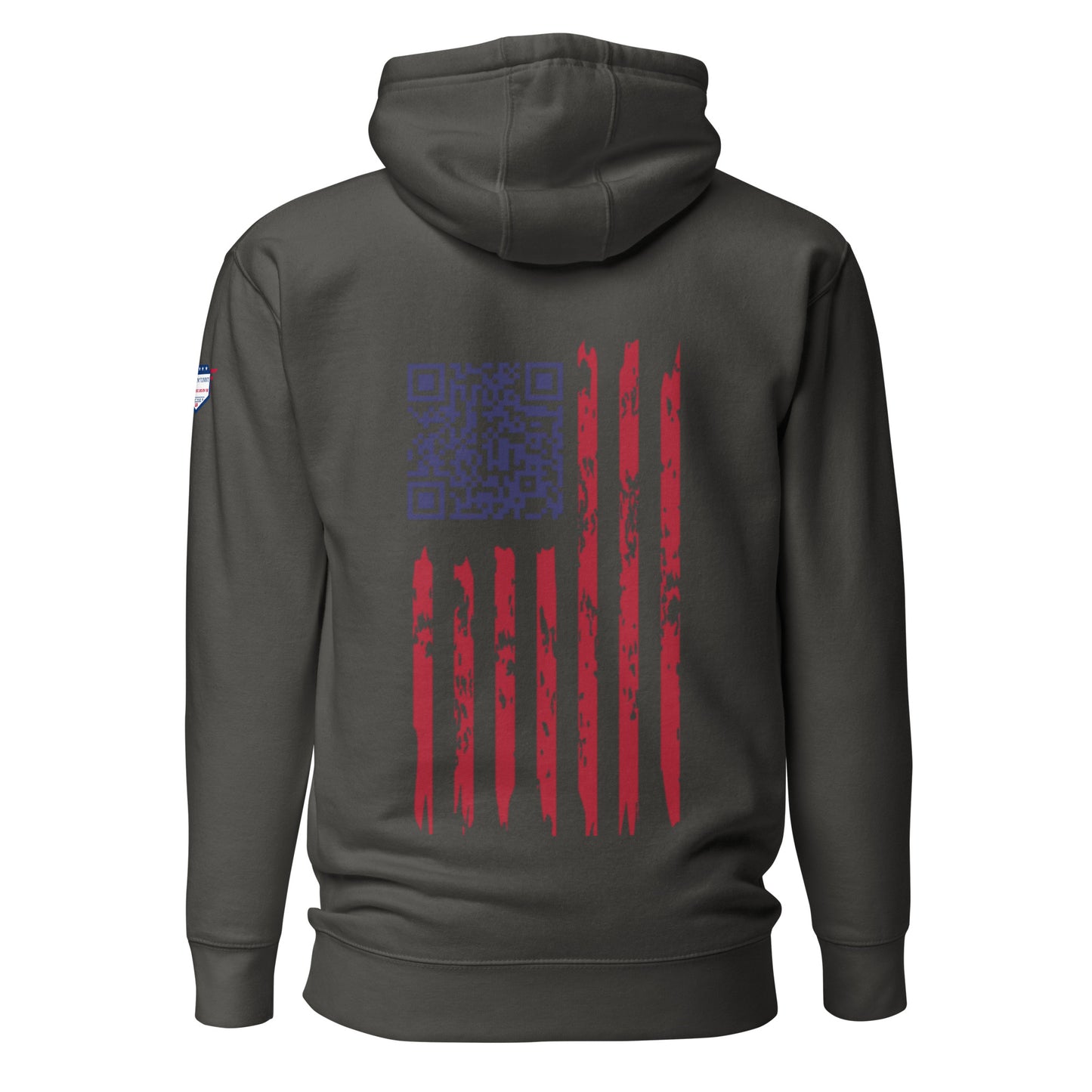 Back view of charcoal grey hoodie showing QR code for Trump dance and tattered American flag
