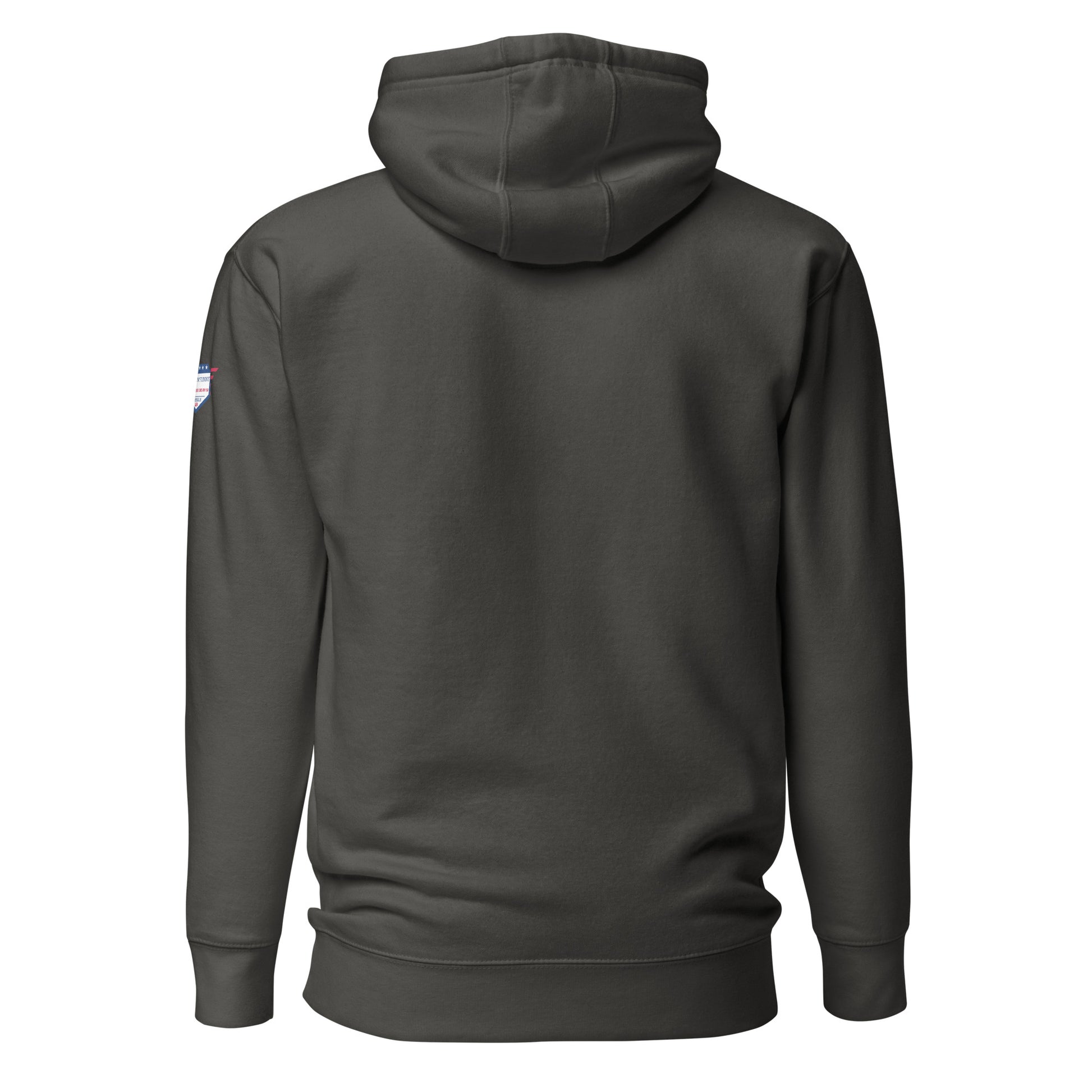 Back view of charcoal gray unisex hoodie, plain with stars-and-stripes shoulder patch
