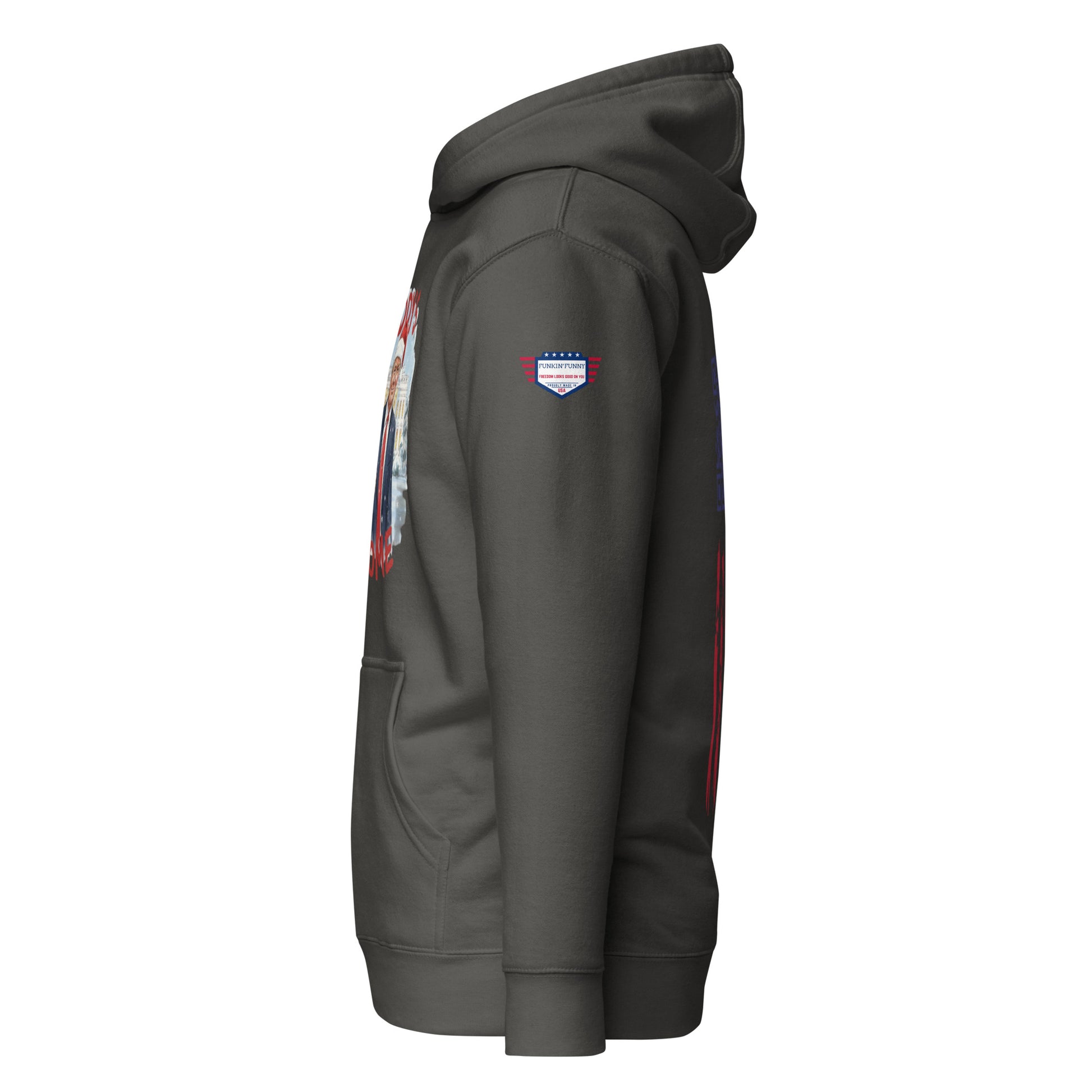 Left side view of charcoal grey hoodie with partial Santa Trump design and USA sleeve patch