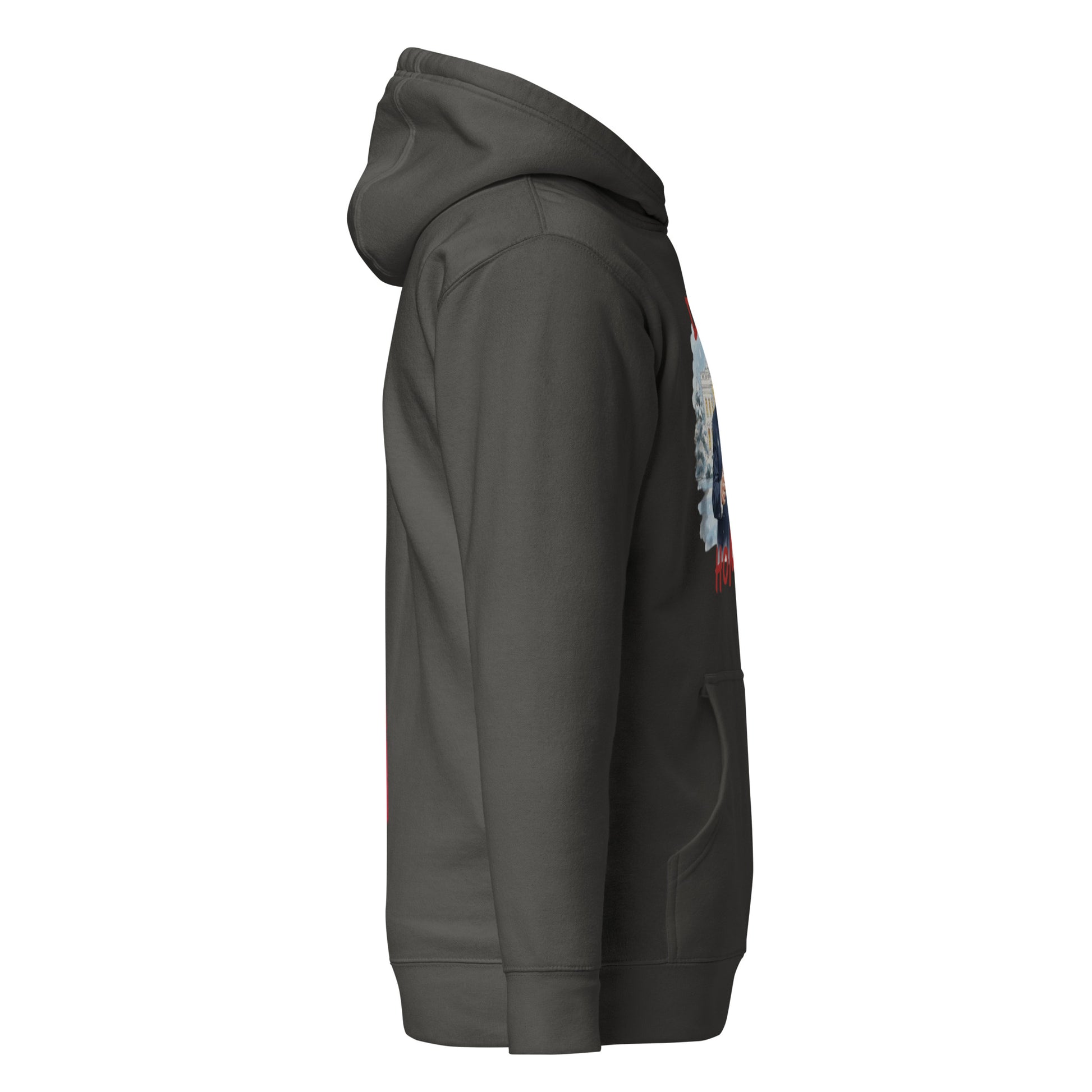 Right side view of charcoal heather Christmas hoodie showing Santa Trump design edge and cozy details