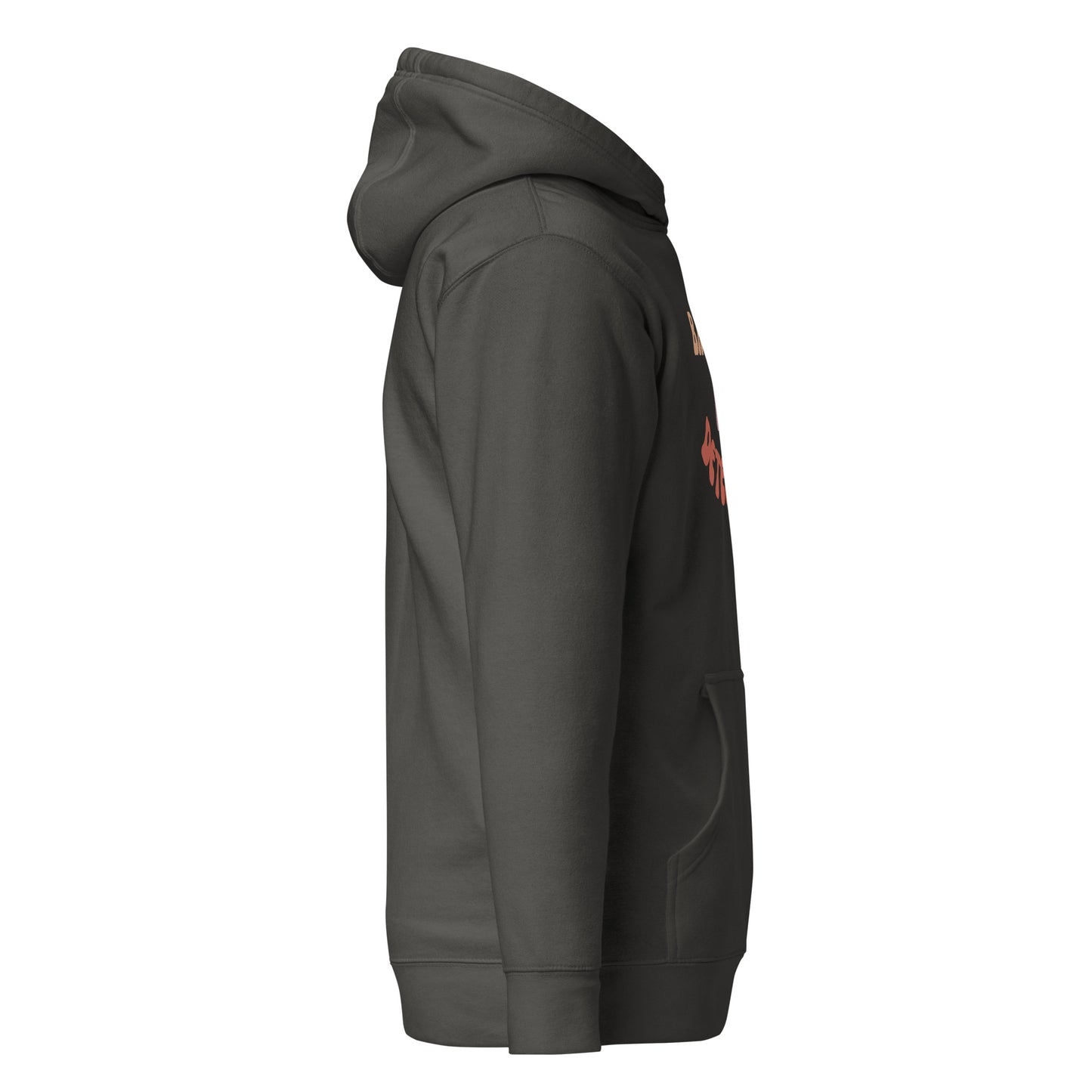 Left side view of charcoal gray unisex hoodie with kangaroo pocket and upturned hood