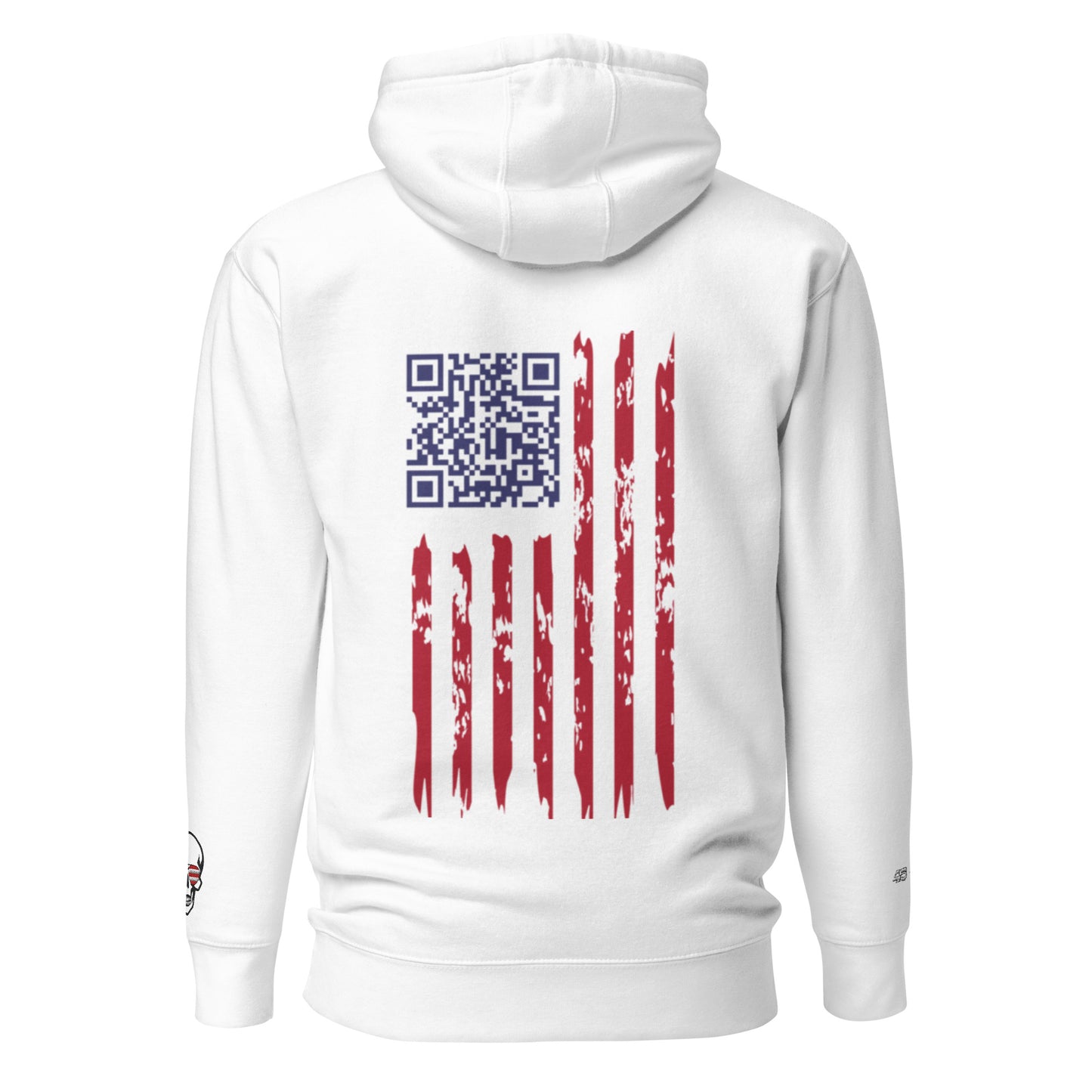 Back view of white unisex hoodie featuring QR code hidden in grunge-style flag embroidery