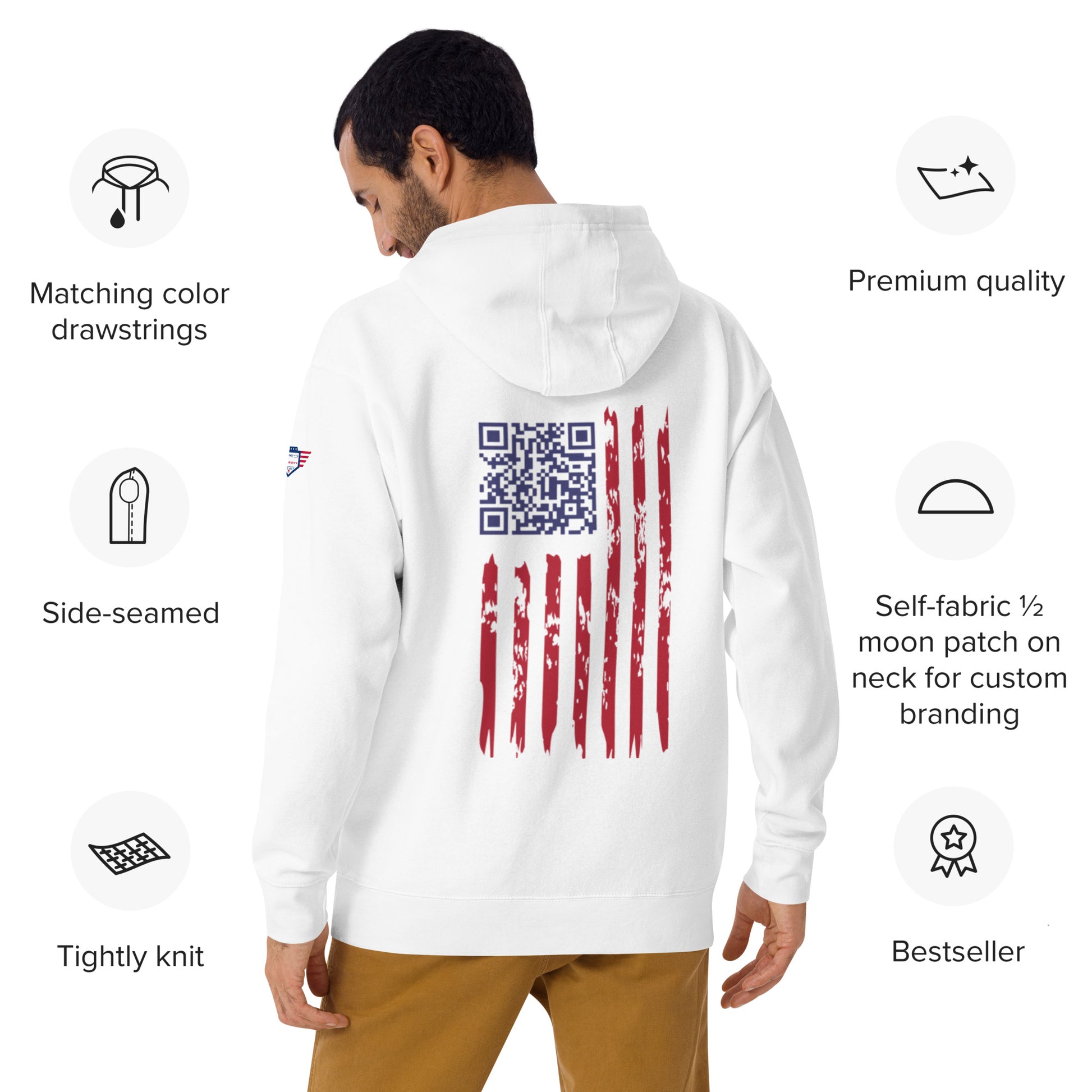 Male model back view white hoodie—QR code flag design with self-fabric patch, tight knit icons