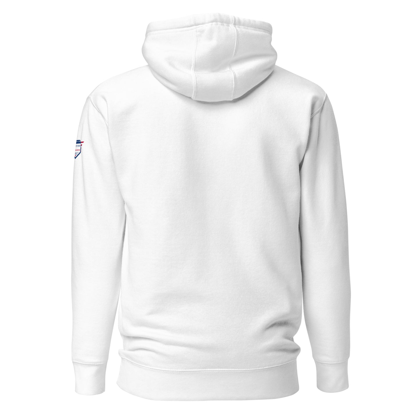 Back view of white hoodie with flag patch on shoulder — plain and ready for clues