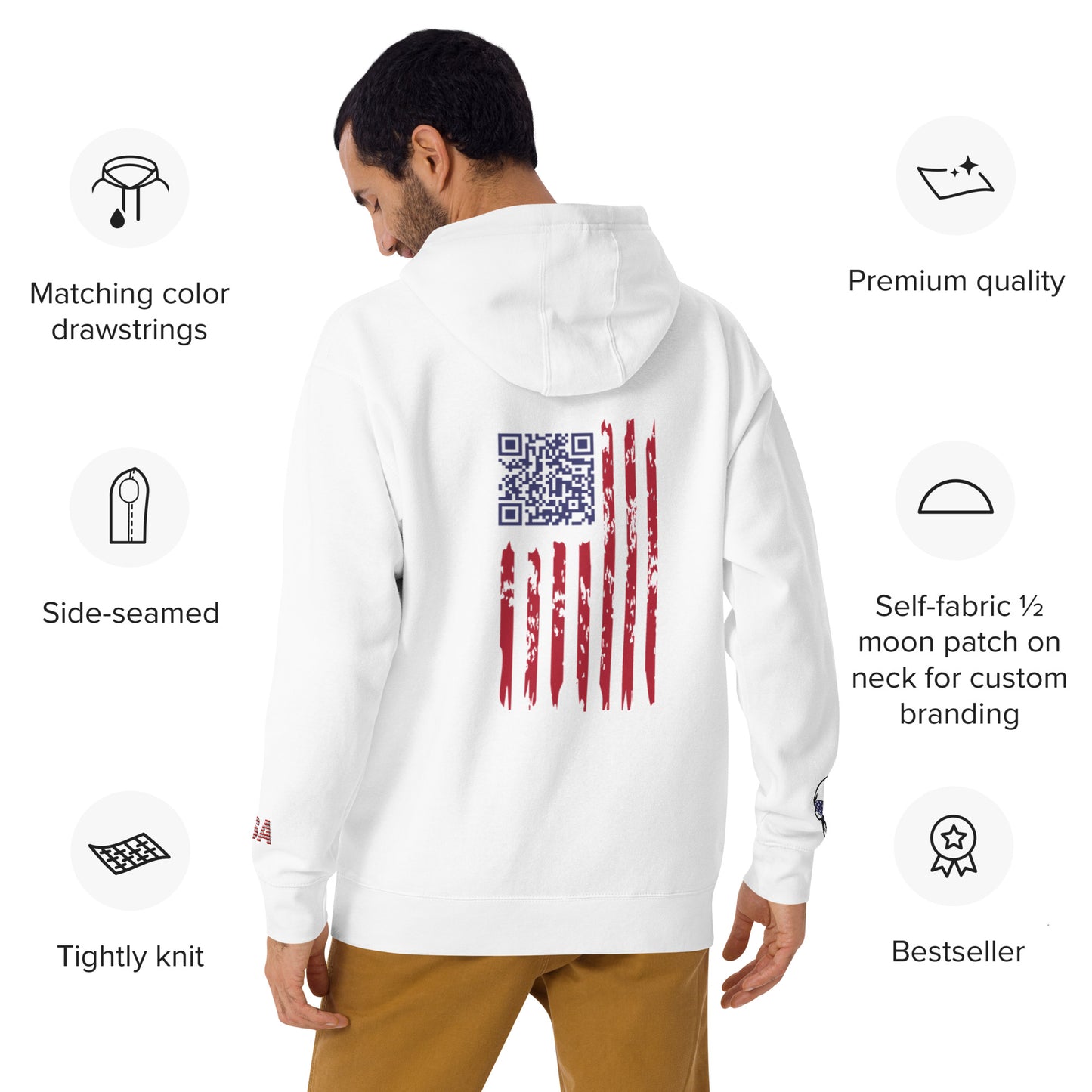 Back view of white Happy Trump Hoodie, featuring blue QR code and weathered stars-and-stripes flag patch