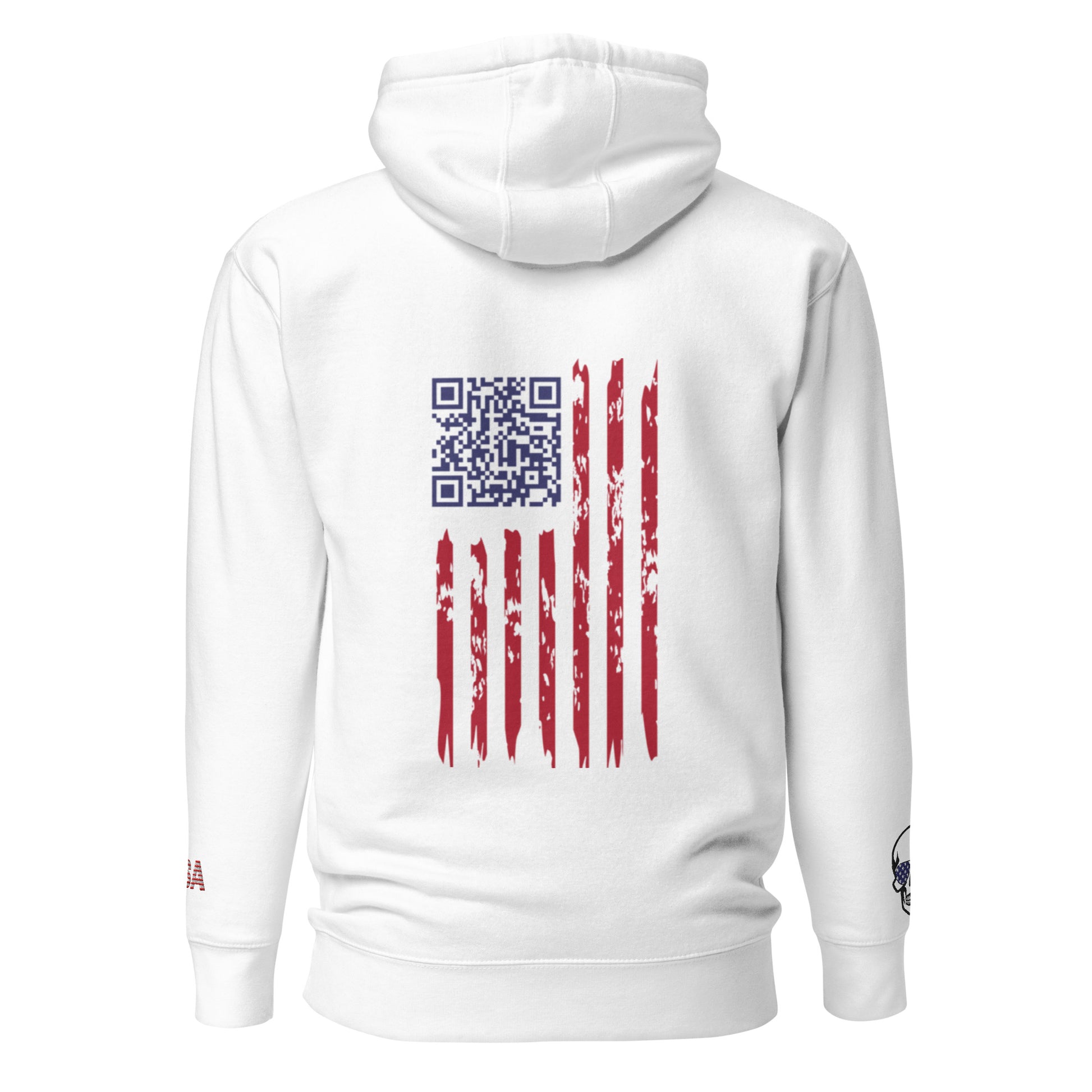 Back view of white hoodie with blue QR code beside distressed red-white-blue flag, USA skull patches
