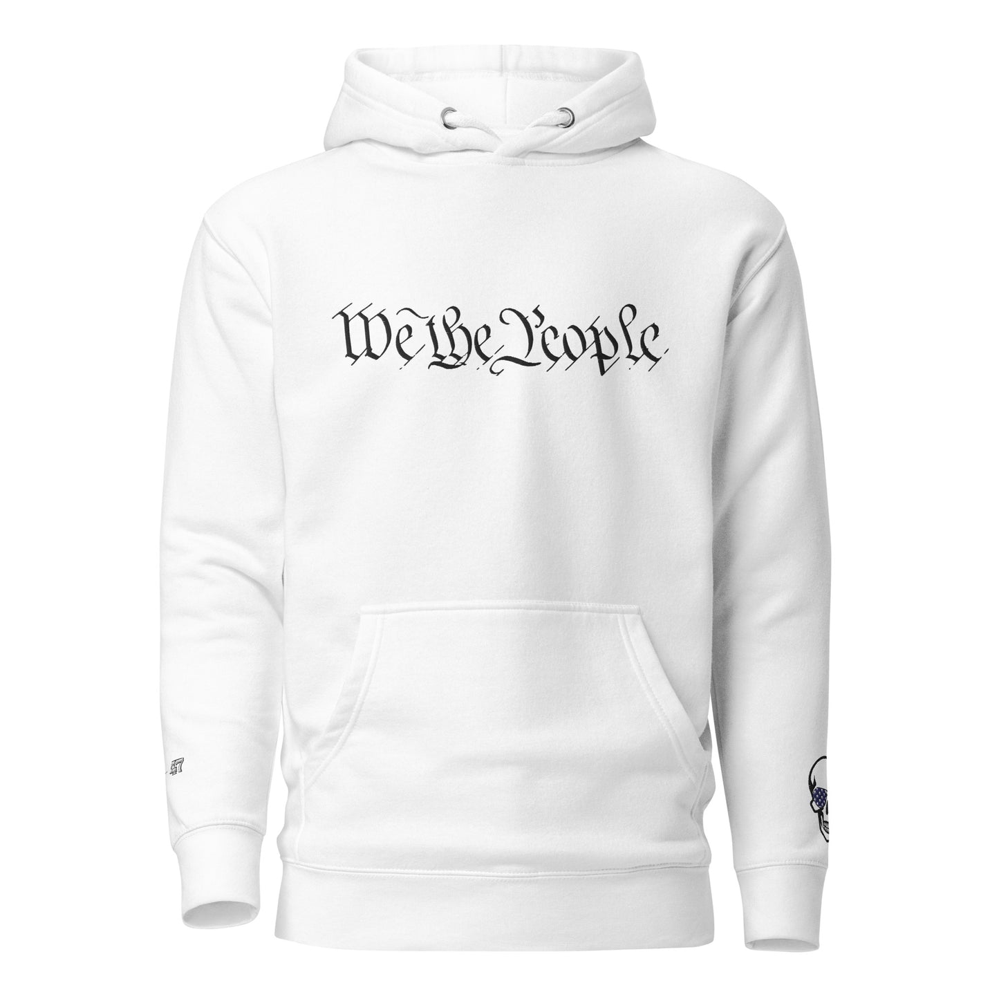 Front view of white unisex hoodie with "We the People" embroidered in flowing black script across chest