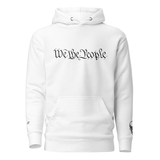 Front view of white unisex hoodie with "We the People" embroidered in flowing black script across chest