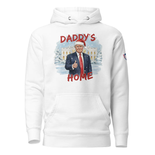 Front view of white Daddy’s Home Trump Christmas hoodie with Santa Trump thumbs-up before snowy White House