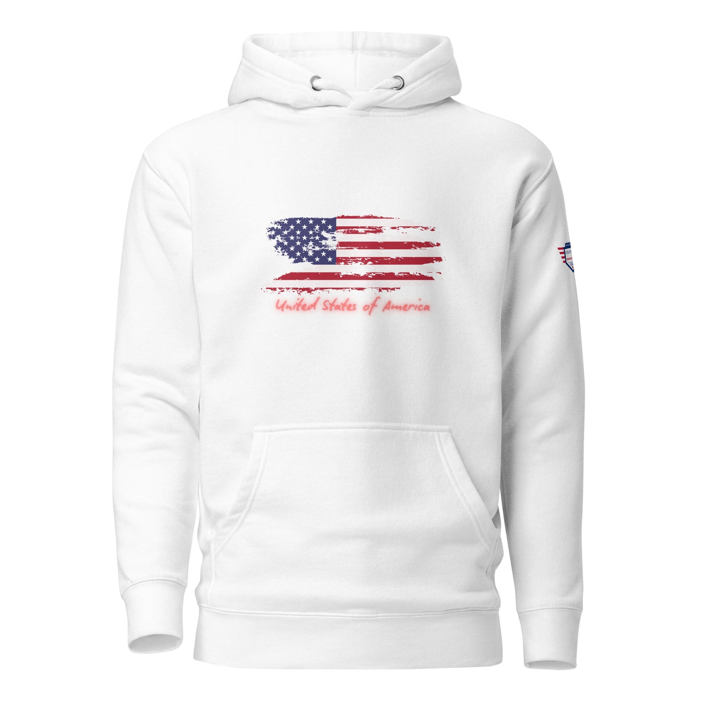 Front view of white hoodie with bold distressed USA flag print and arched "United States of America" text below
