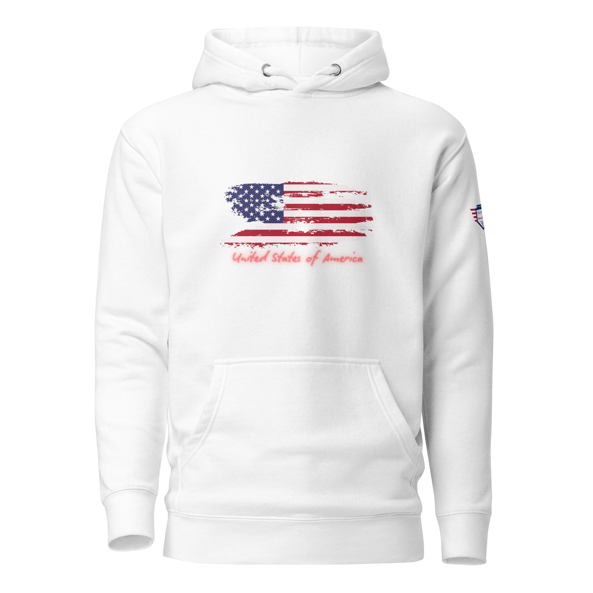 Front view of white hoodie with bold distressed USA flag print and arched "United States of America" text below