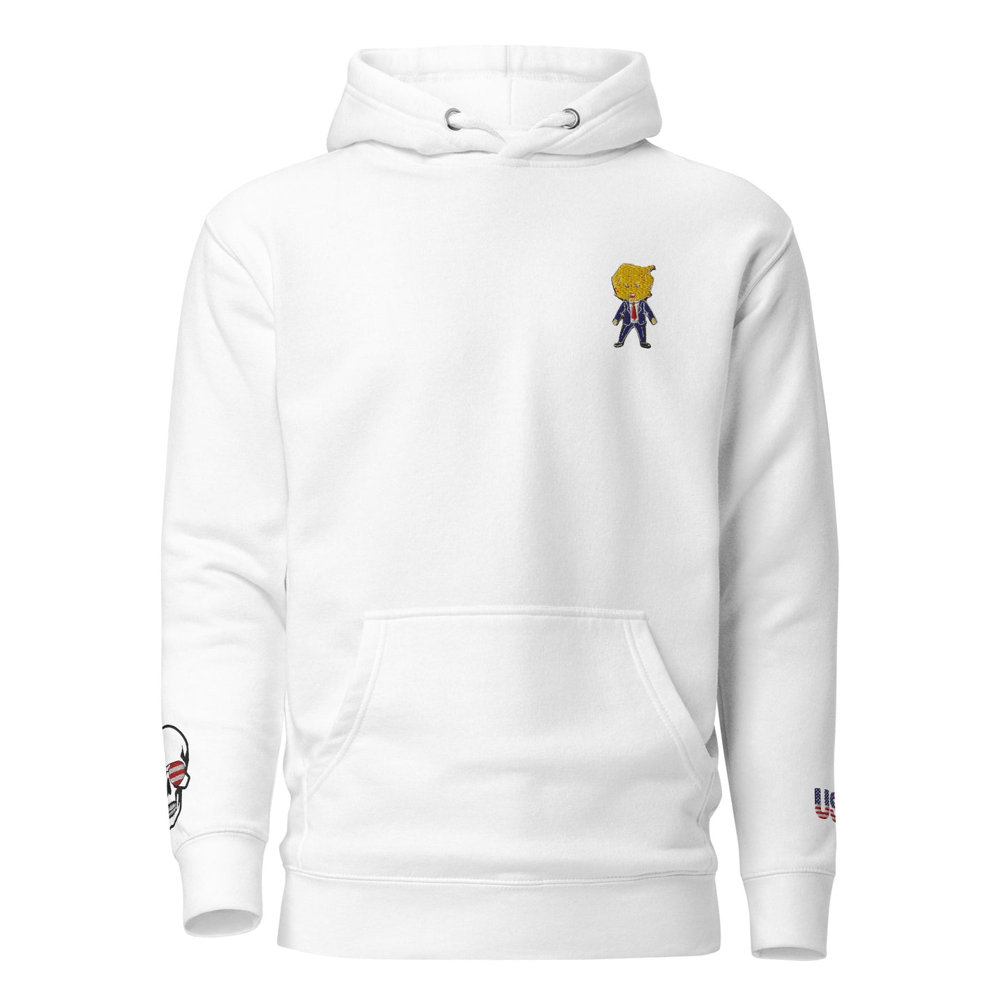 Front view of white Happy Trump embroidered hoodie, smug chibi Trump on chest, skull USA flag patch on sleeve