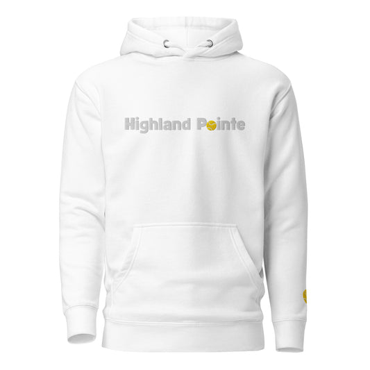 Front view of white Highland Pointe Tennis Hoodie with gray arched text and yellow tennis ball logo