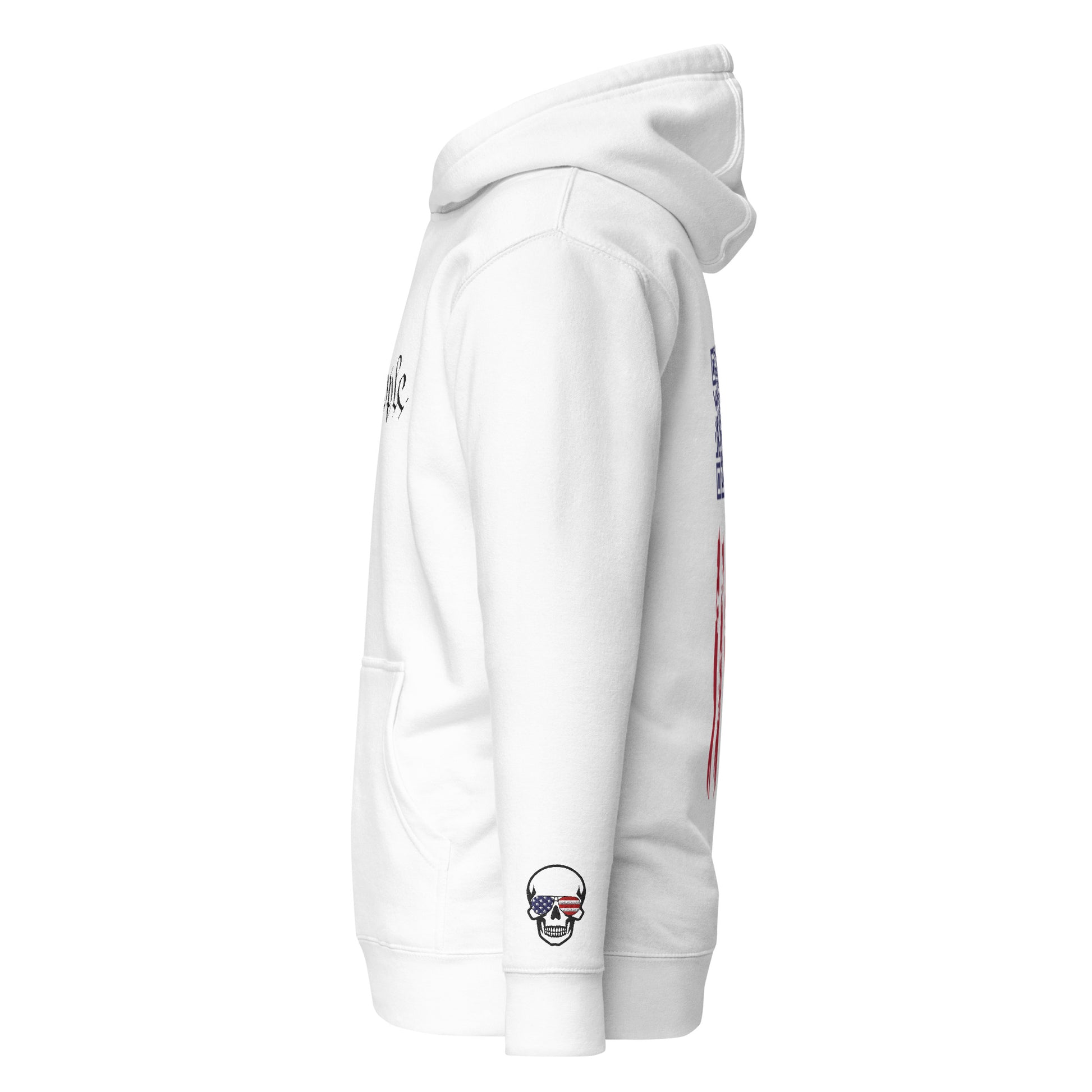 Side view of white unisex hoodie highlighting embroidered skull flag patch on sleeve