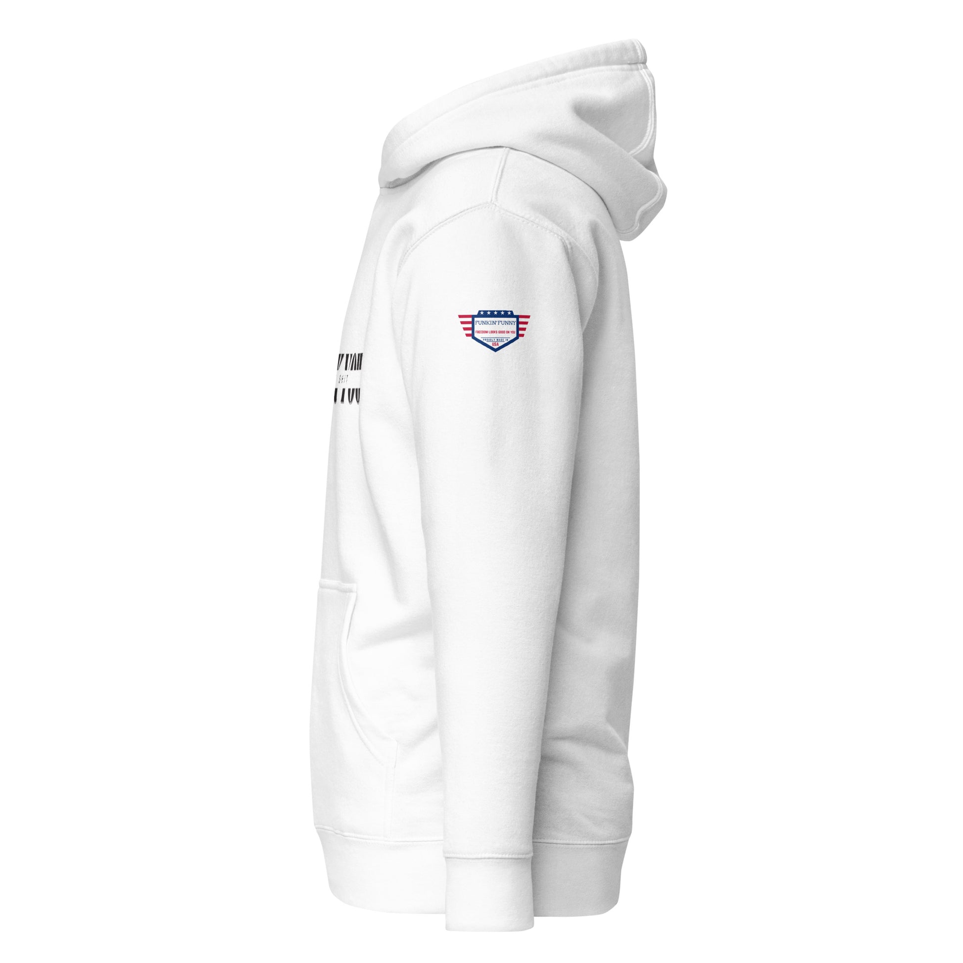 Right side view of white hoodie with flag patch, hood drawstrings, and sleeve details