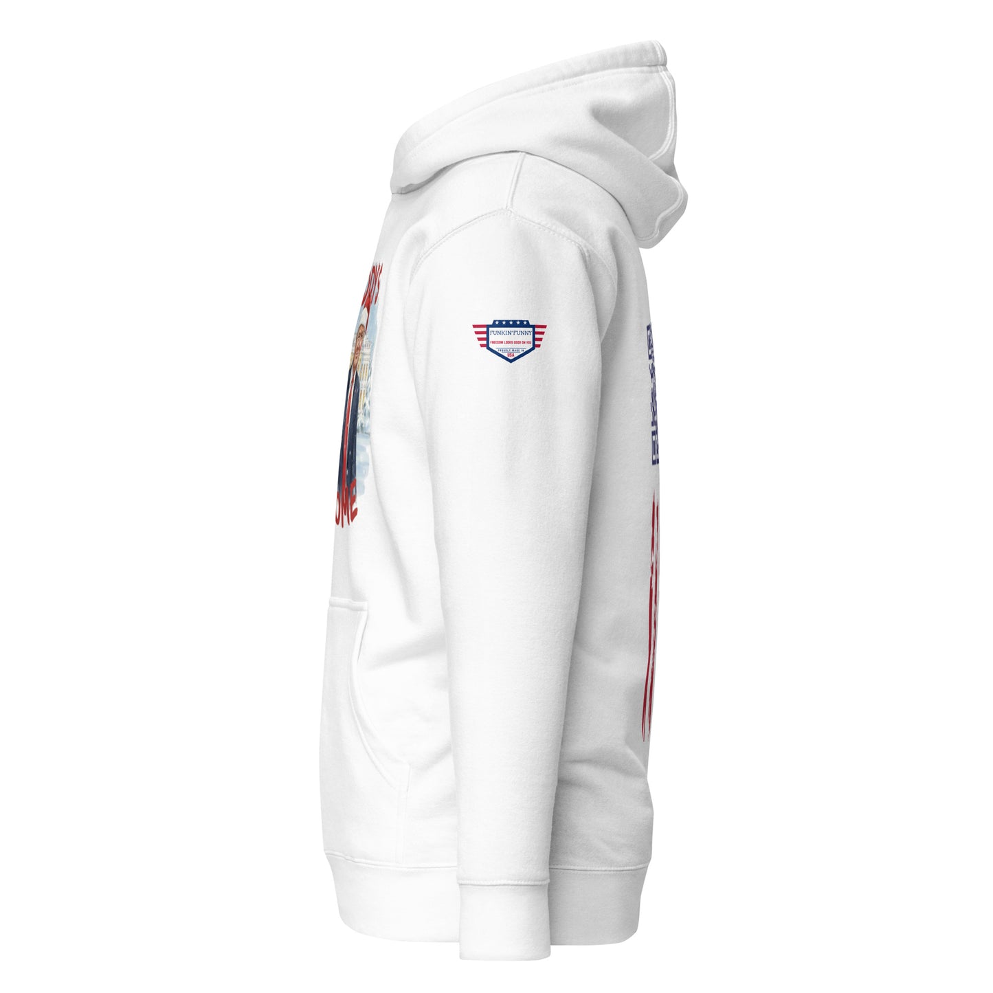 Right side view of white Trump Christmas hoodie highlighting kangaroo pouch pocket