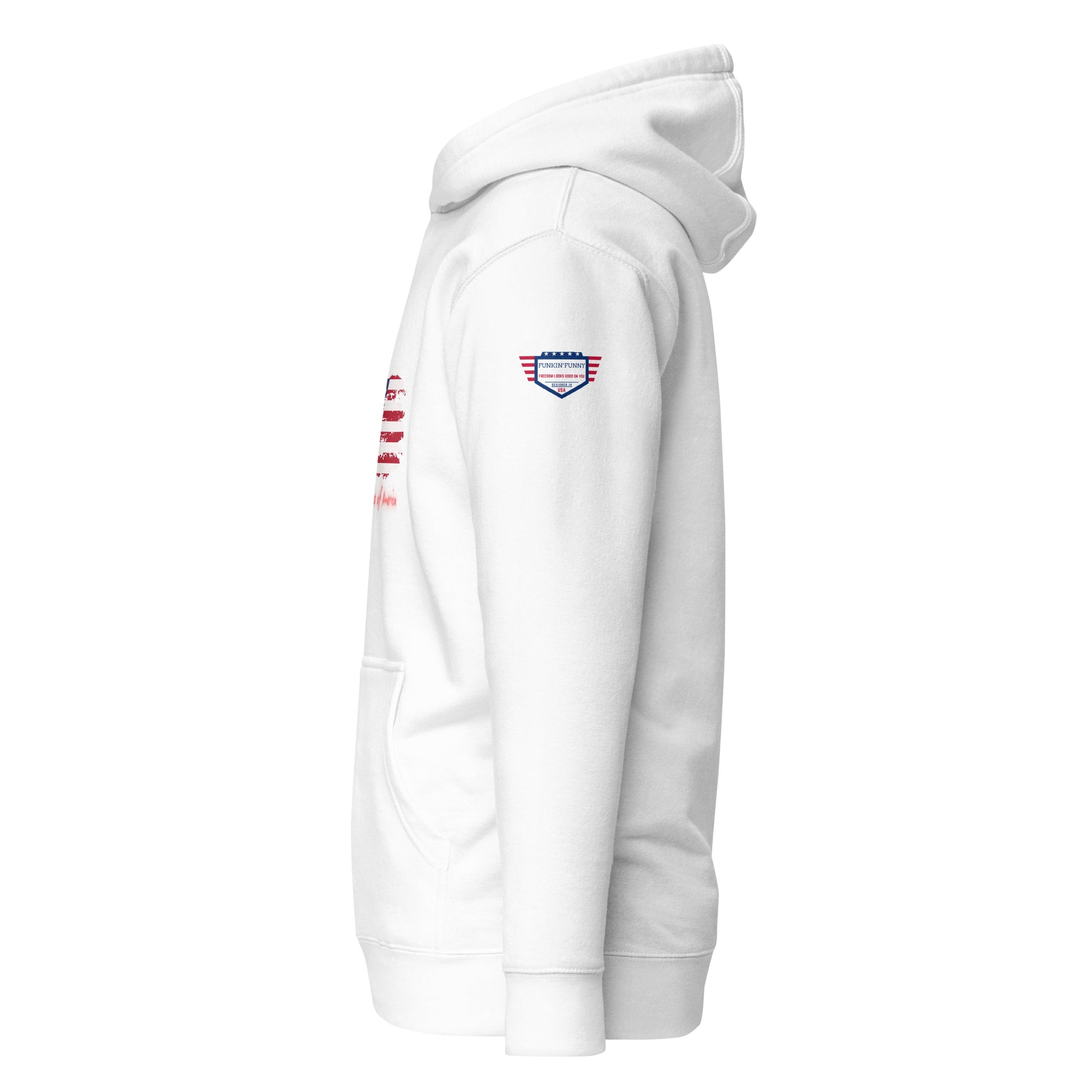 Right side view of white USA hoodie showing sleeve badge patch with stars and stripes flair