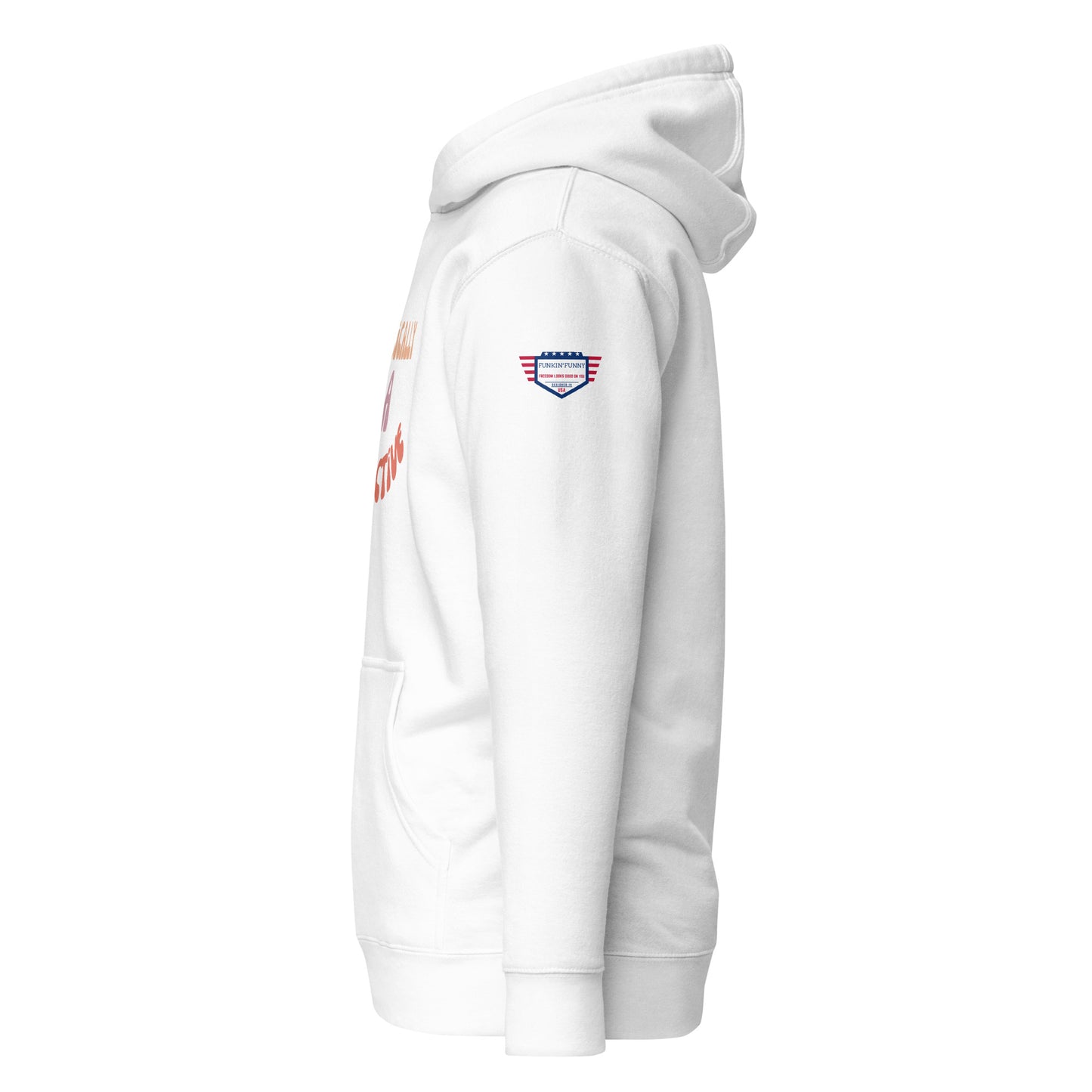 Right side view of white hoodie showing partial "Detective" print, flag patch on sleeve, pouch pocket
