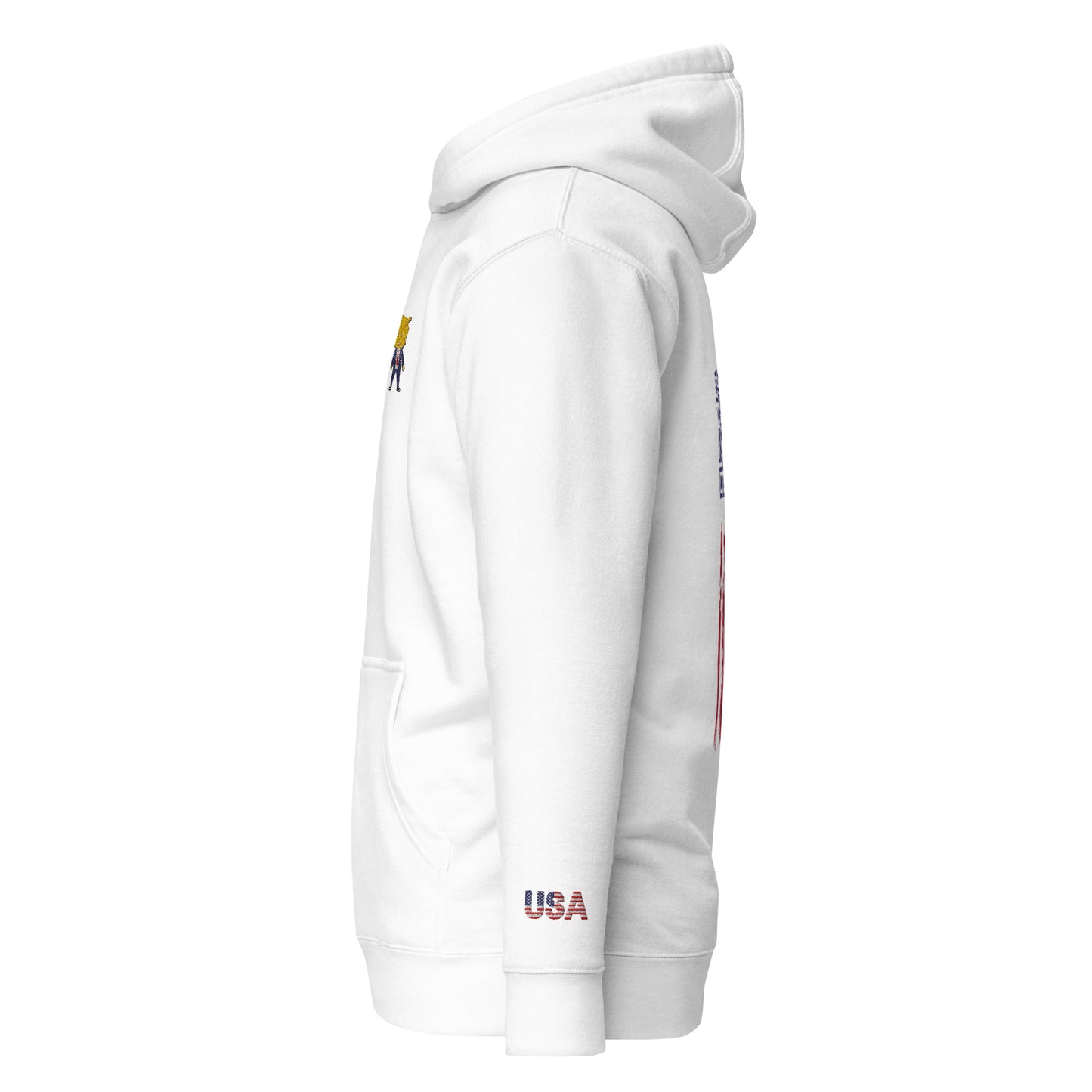 Right side view of white hoodie showing Happy Trump embroidery, USA flag sleeve patch, roomy pouch pocket
