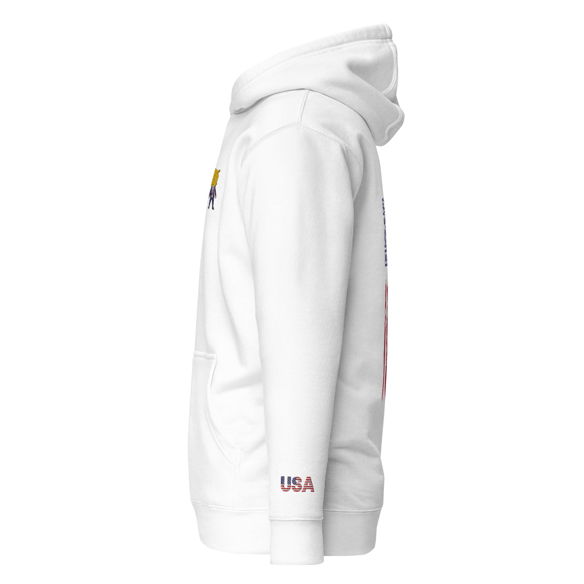 Right side view of white hoodie showing Happy Trump embroidery, USA flag sleeve patch, roomy pouch pocket