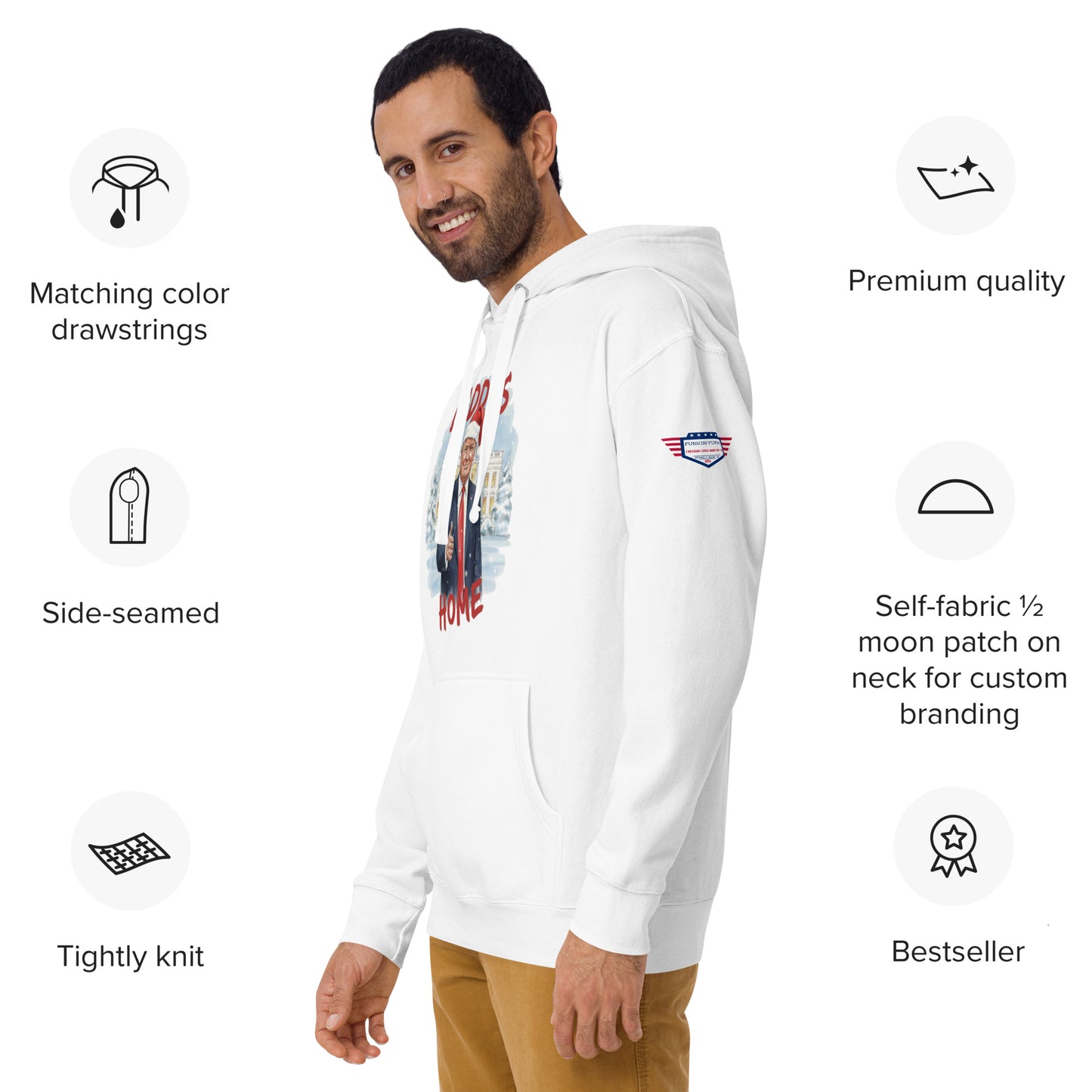 Right side view of man in white Daddy’s Home Trump hoodie showing sleeve patch, hood, and tight-knit details
