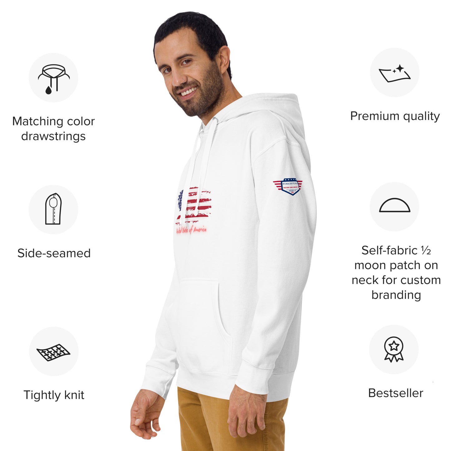 Smiling model rocking white hoodie front-left view, highlighting sleeve USA patch and quality tags