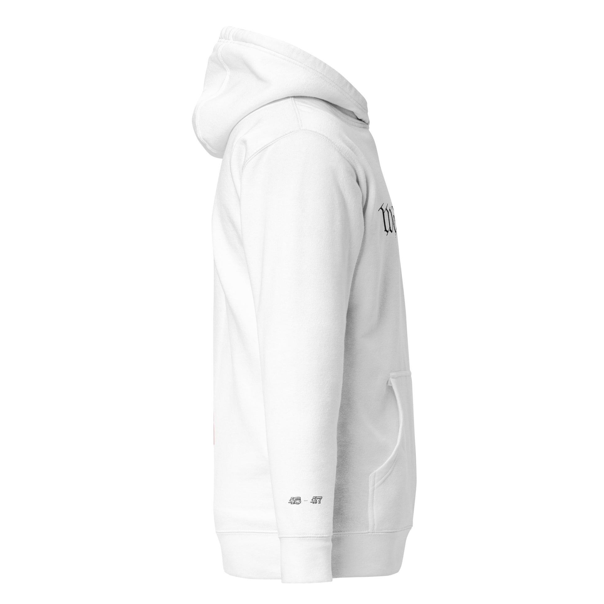 Left side view of white hoodie with "We" embroidery, front pouch, and sleeve care tag