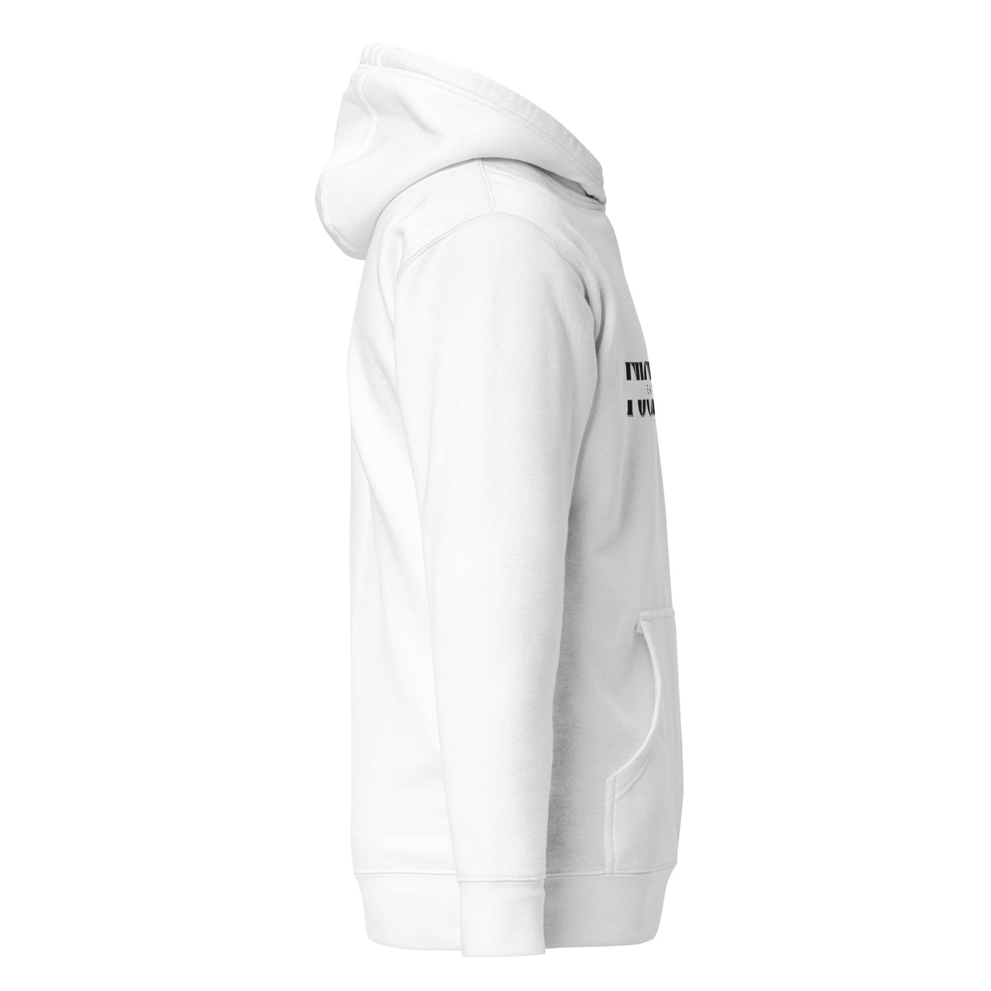 Left side view of white unisex hoodie featuring kangaroo pouch pocket
