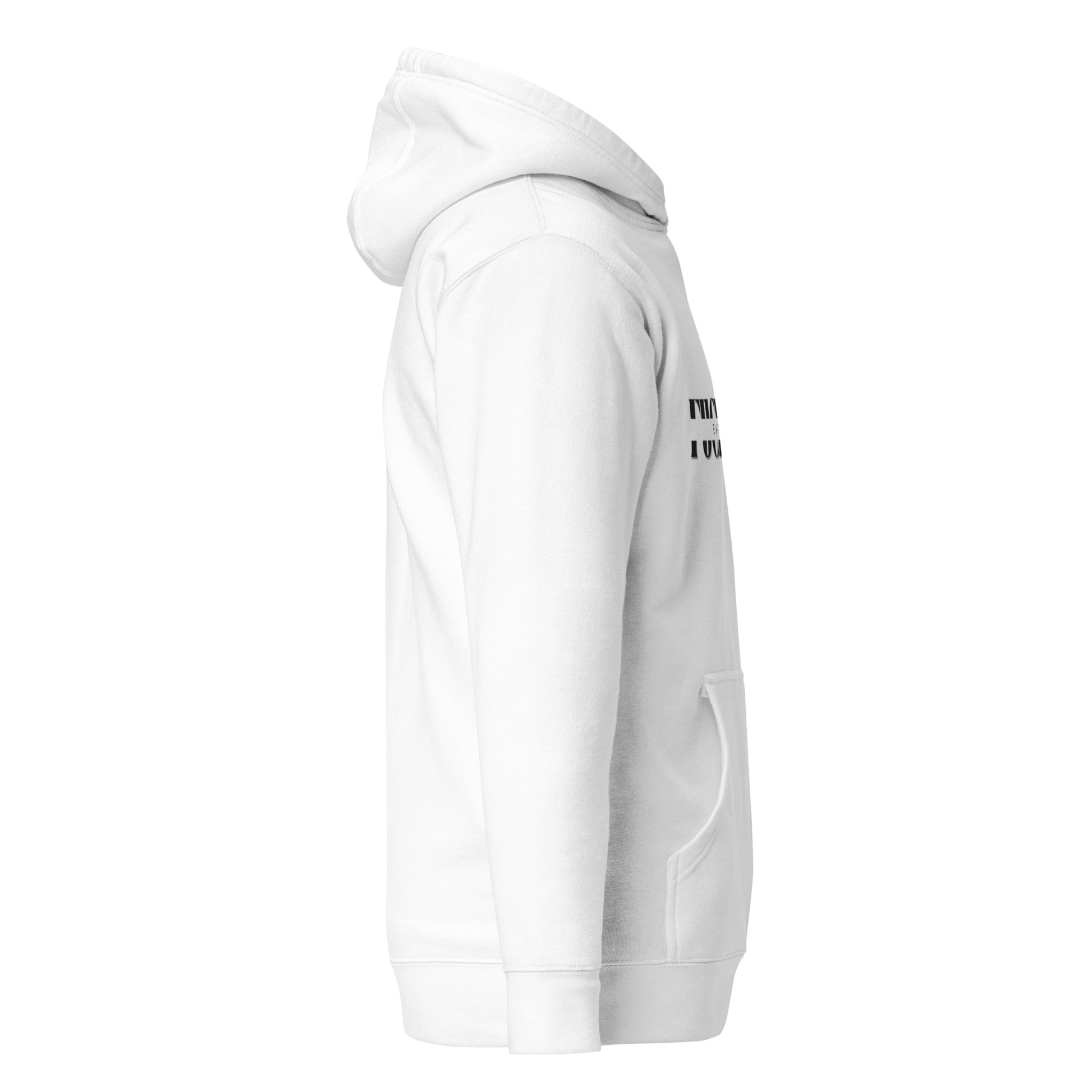 Left side view of white unisex hoodie featuring kangaroo pouch pocket