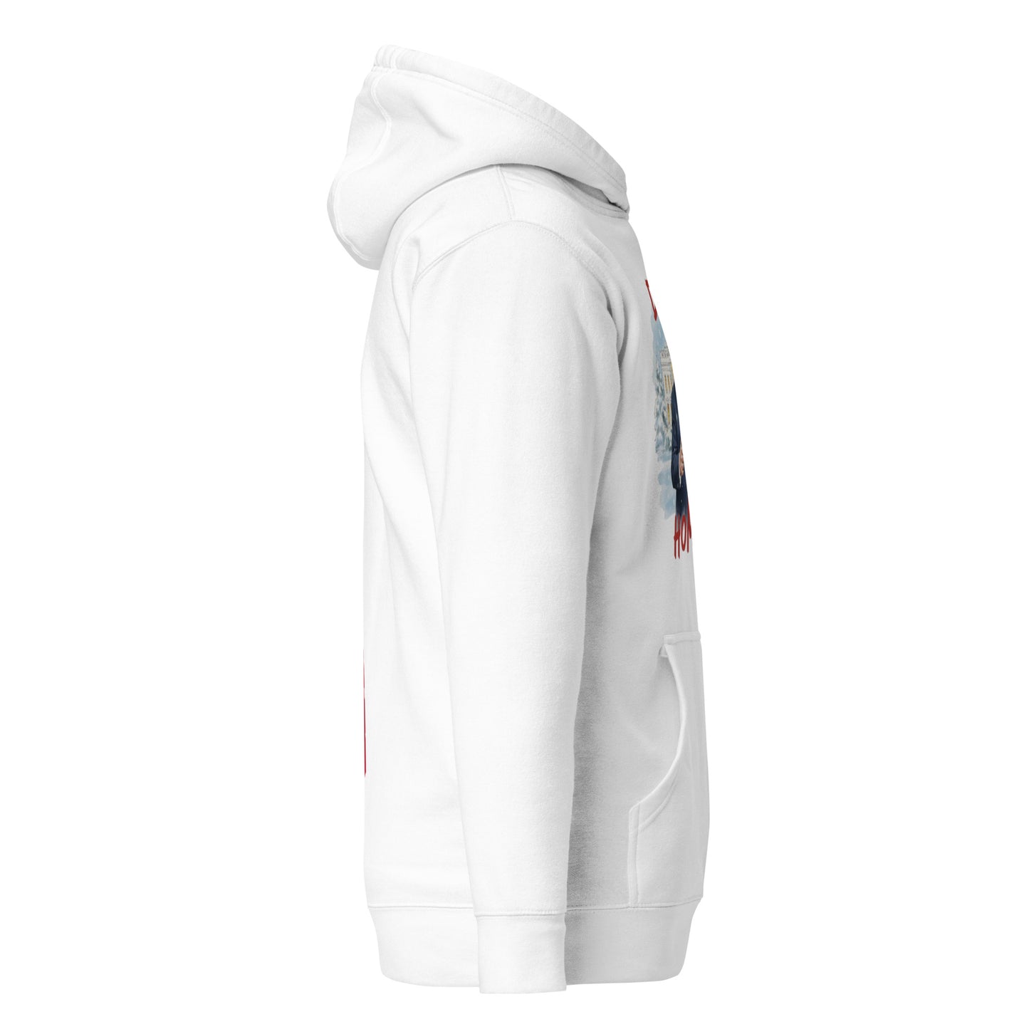 Side view white hoodie with kangaroo pouch pocket, subtle sleeve patch, clean lines