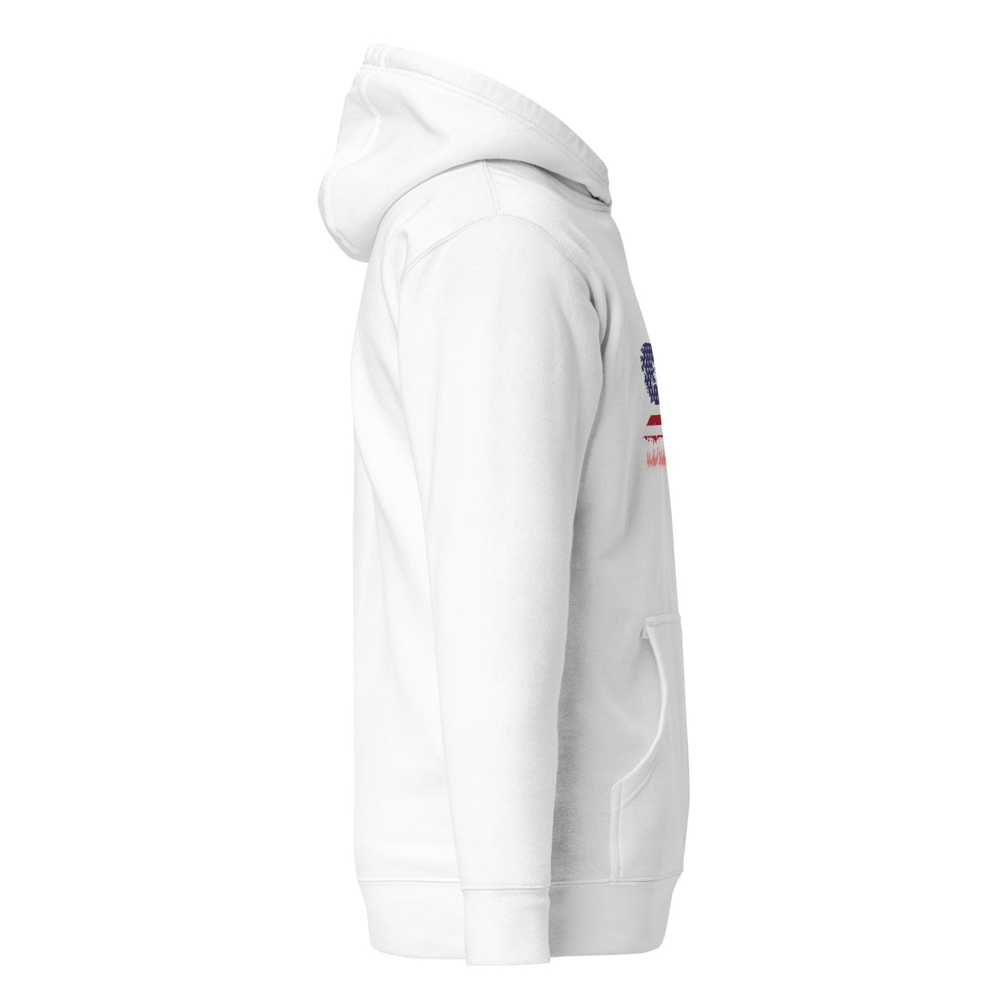 Left side view of white hoodie with pouch pocket and subtle USA flag edge peeking