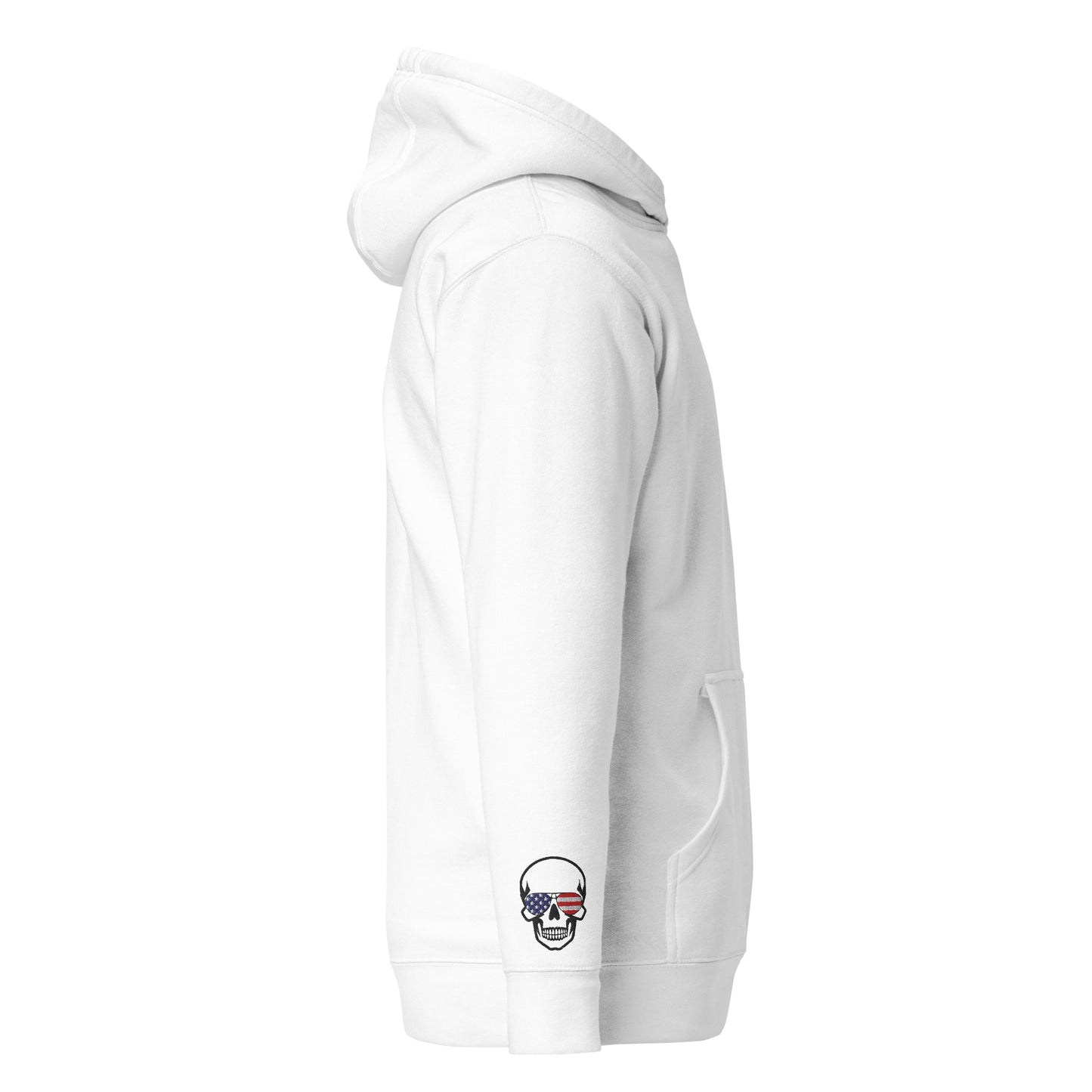 Left side view of white hoodie, kangaroo pocket visible, skull USA flag patch on cuff