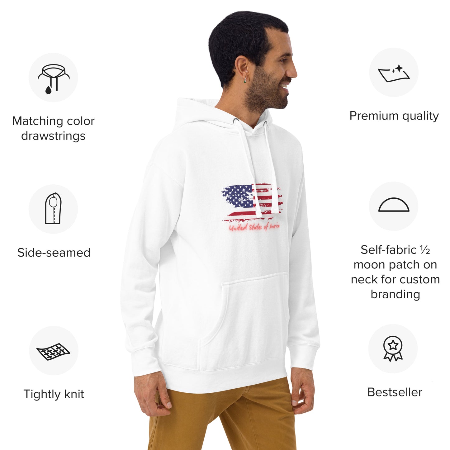 Model in white USA hoodie from front-side angle, with callouts for drawstrings, side seams, and premium knit