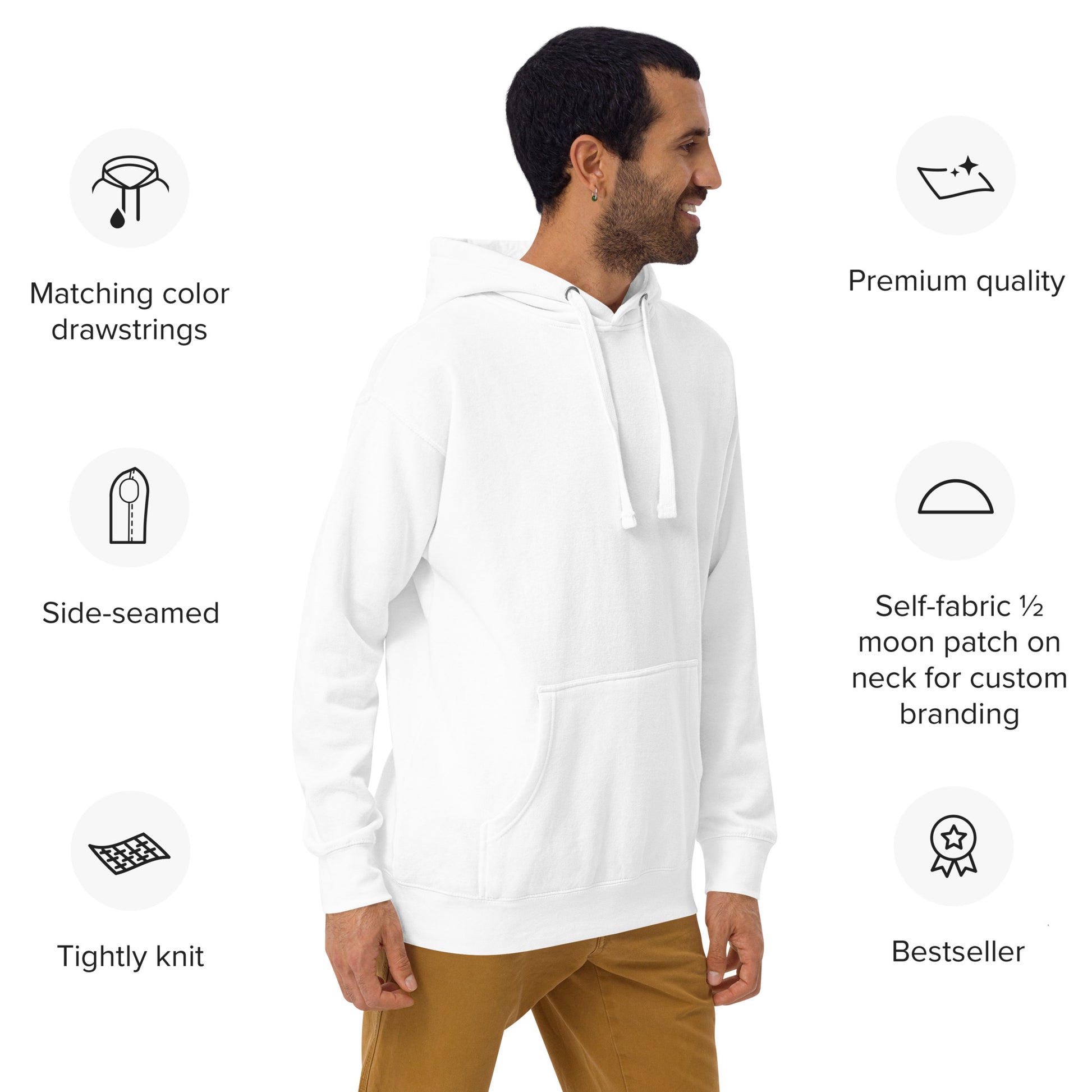 Side rear view of White Happy Trump Embroidered Hoodie on bearded model, premium feature callouts