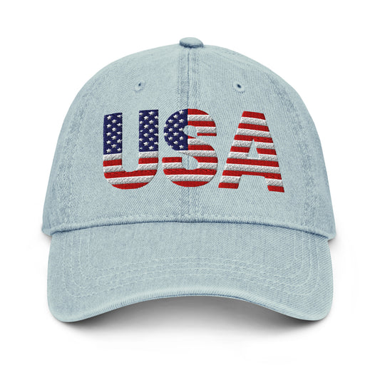 Front view of light wash denim hat with full "USA" flag embroidery in navy stars, red & white stripes