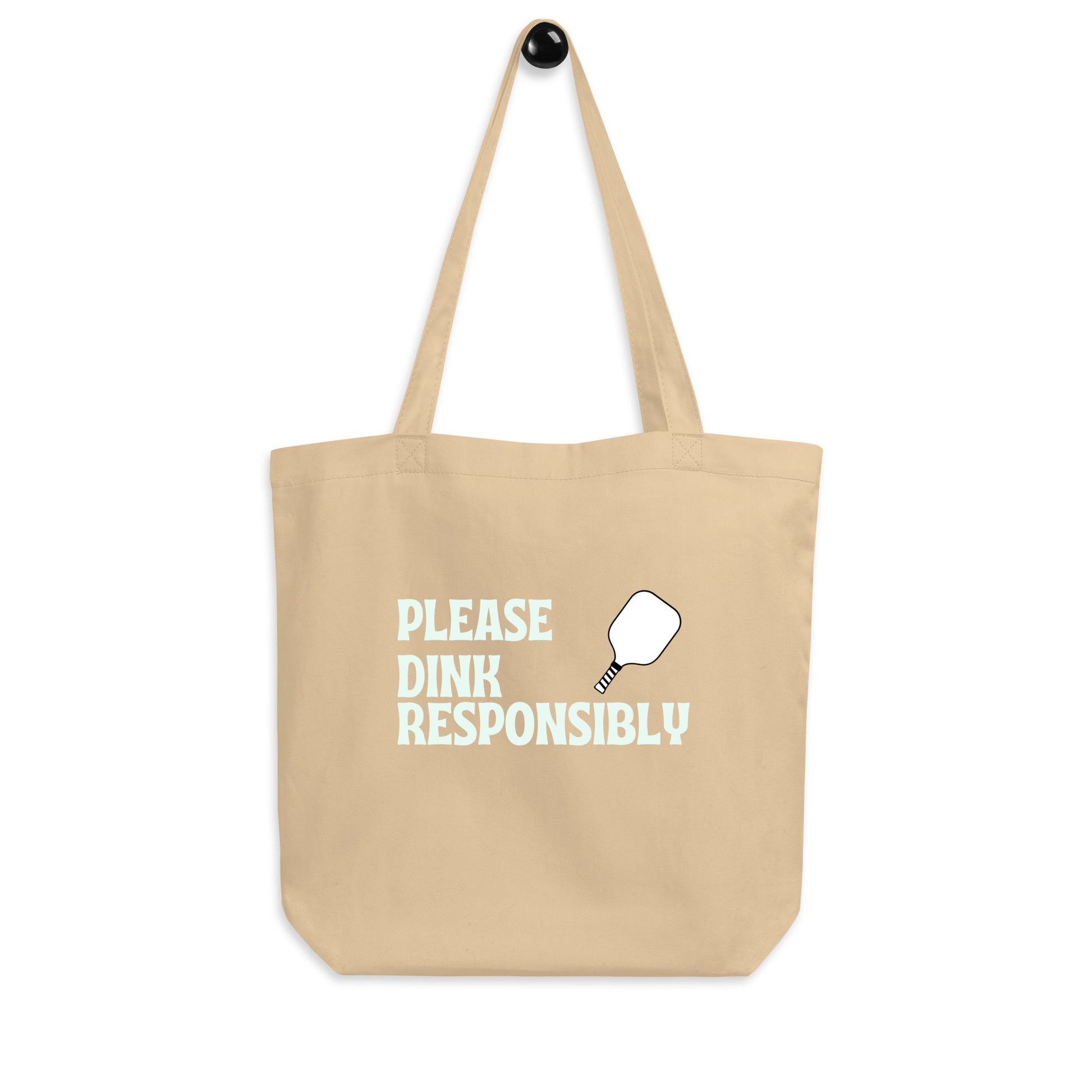 Hanging oyster eco tote front, "Please Dink Responsibly" print and pickleball paddle