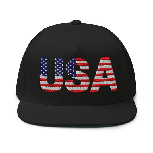 Front view of black structured flat bill cap with bold "USA" flag-style embroidery in red, white & blue, green undervisor peeking