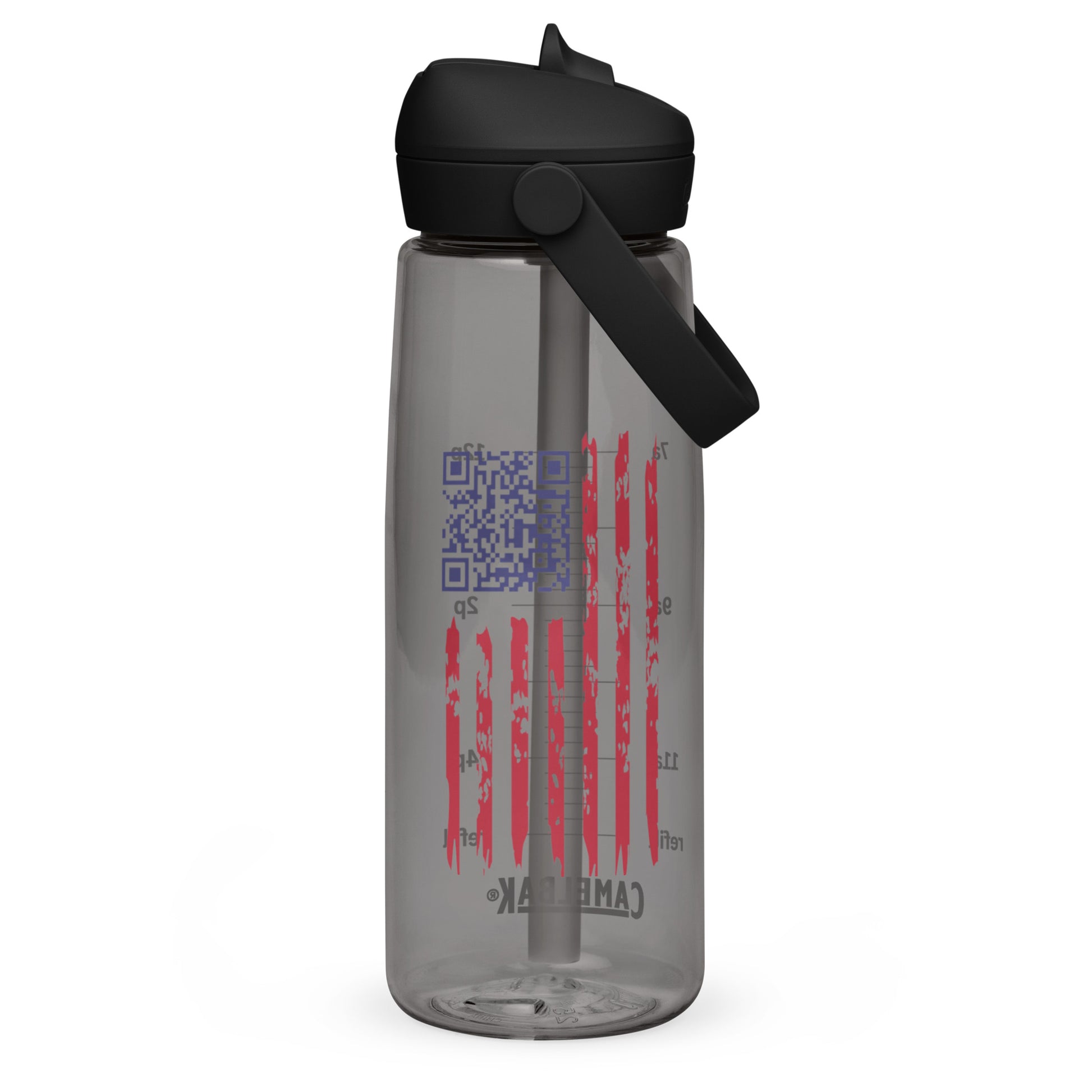 Charcoal gray CamelBak bottle angled view highlighting Trump Dance QR code and faded flag stripes