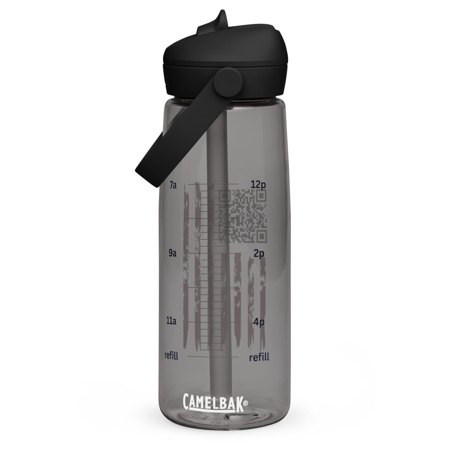 Front view of charcoal gray CamelBak flip straw bottle with Trump Dance QR code, oz measurements (2-12oz), and refill markings