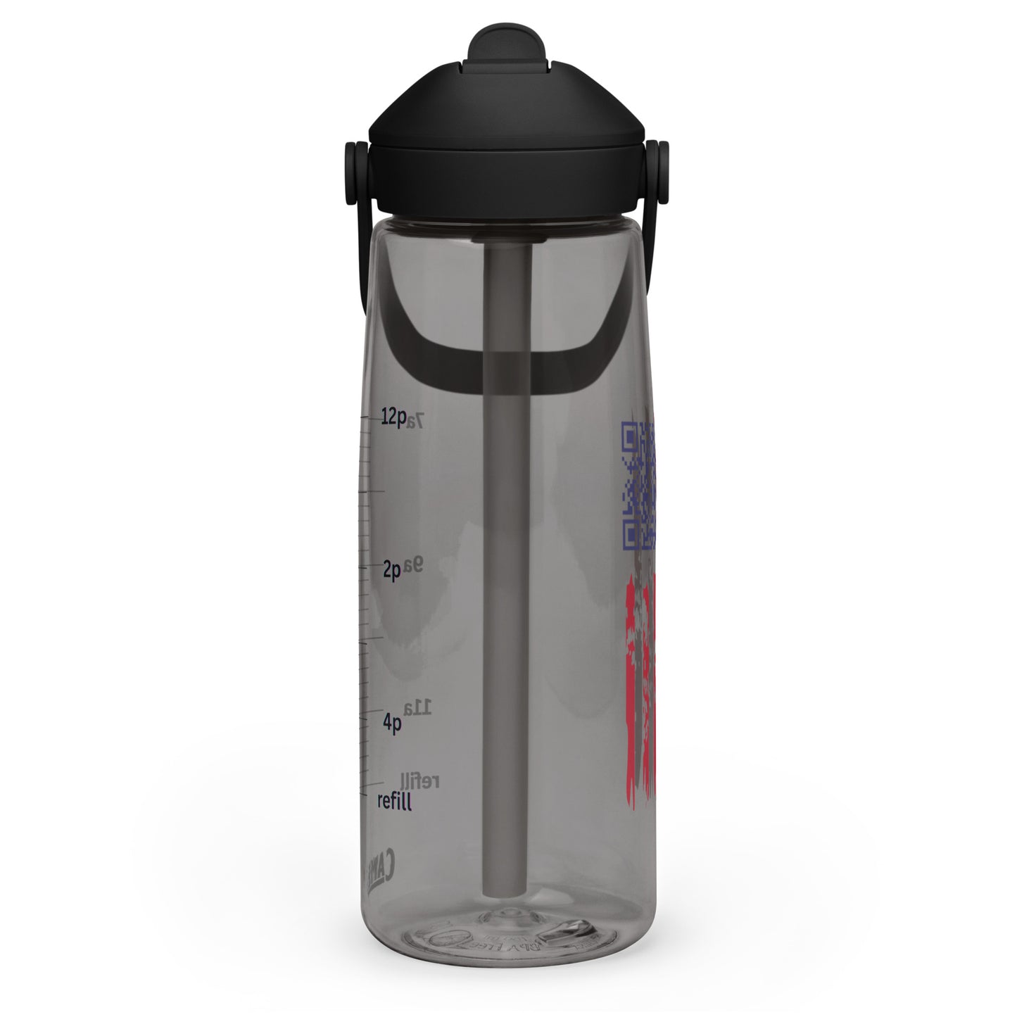 Charcoal gray water bottle side profile with oz measurements (2-12oz), straw, and "refill" print